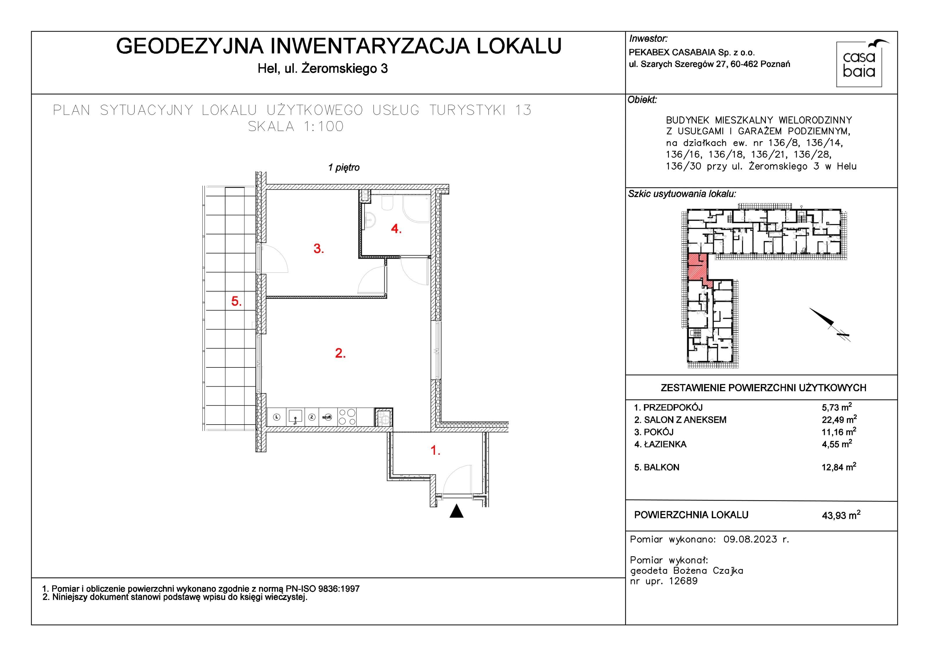 Mieszkanie 43,93 m², piętro 1, oferta nr M2, CASA BAIA, Hel, ul. Stefana Żeromskiego 3