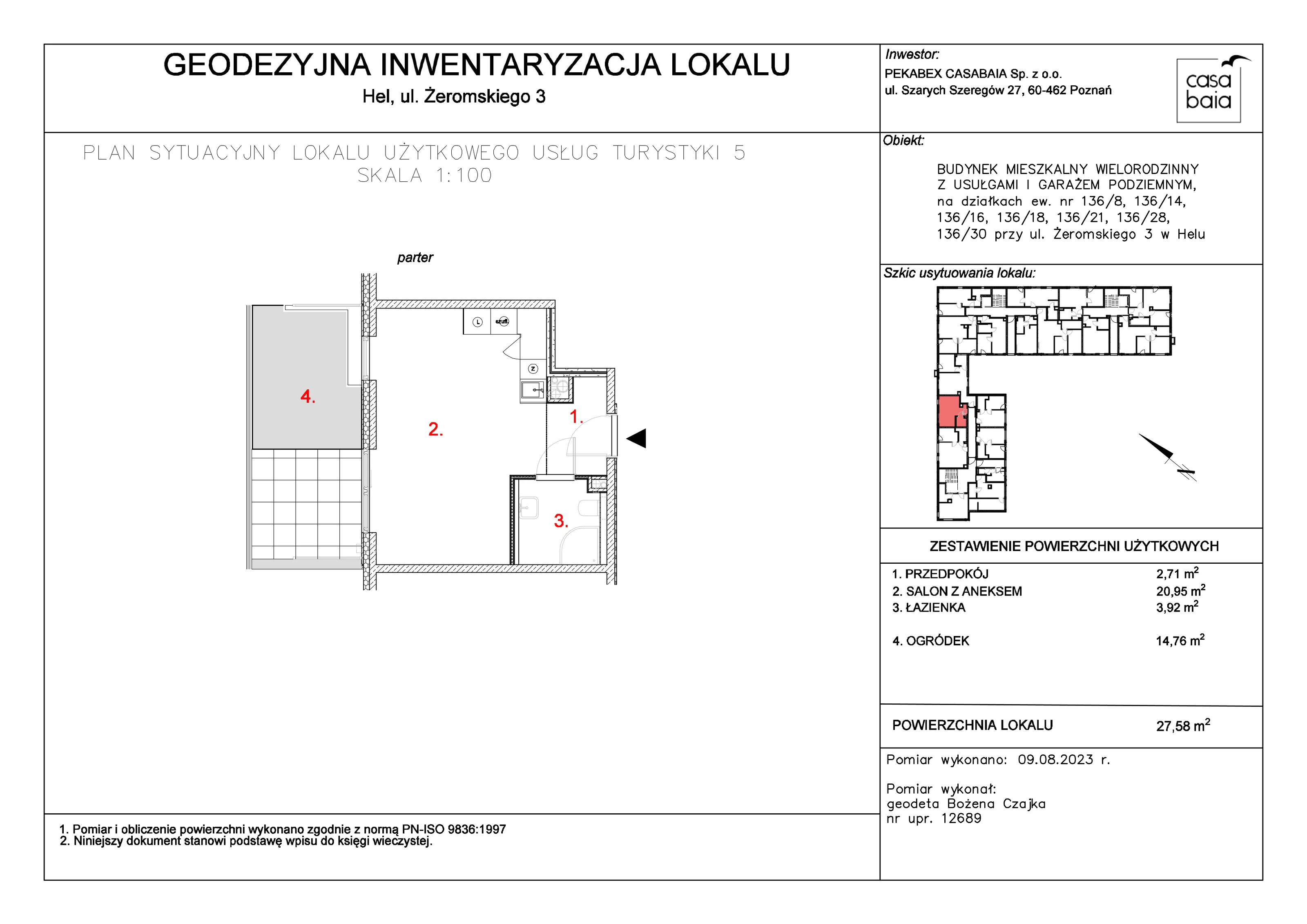 Mieszkanie 27,58 m², parter, oferta nr L1, CASA BAIA, Hel, ul. Stefana Żeromskiego 3