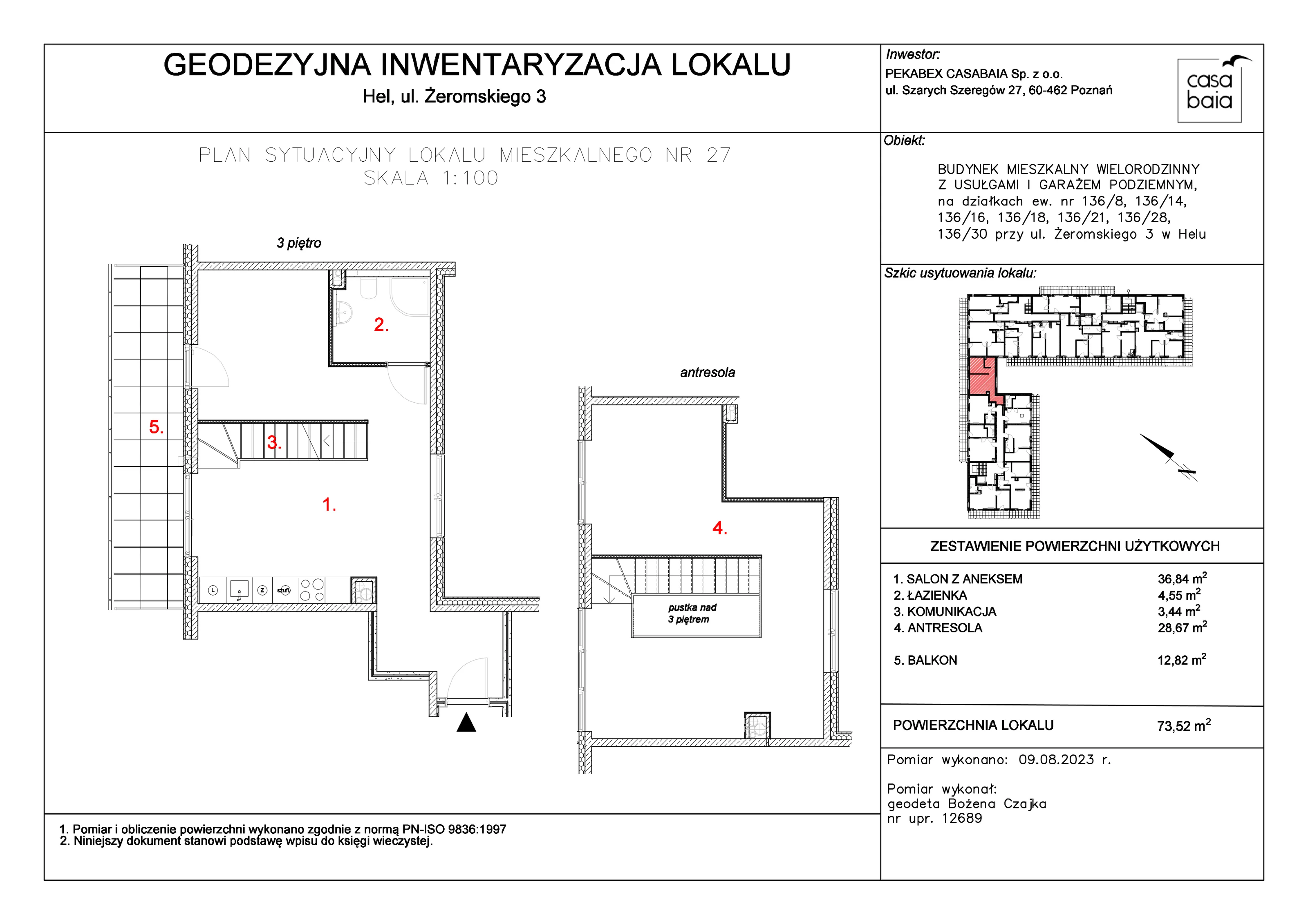 Mieszkanie 73,52 m², piętro 3, oferta nr M4, CASA BAIA, Hel, ul. Stefana Żeromskiego 3