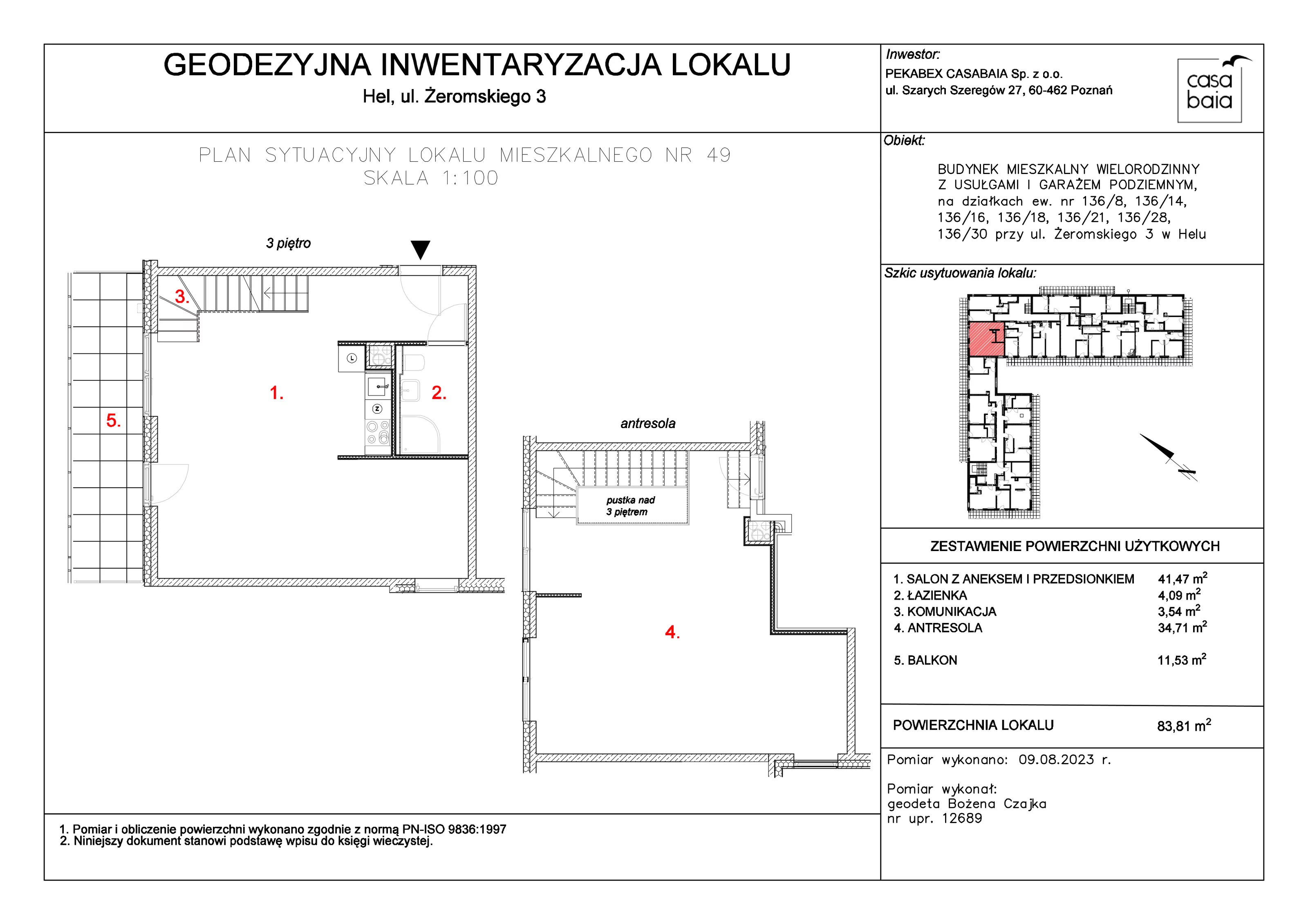 Mieszkanie 83,81 m², piętro 3, oferta nr I4, CASA BAIA, Hel, ul. Stefana Żeromskiego 3