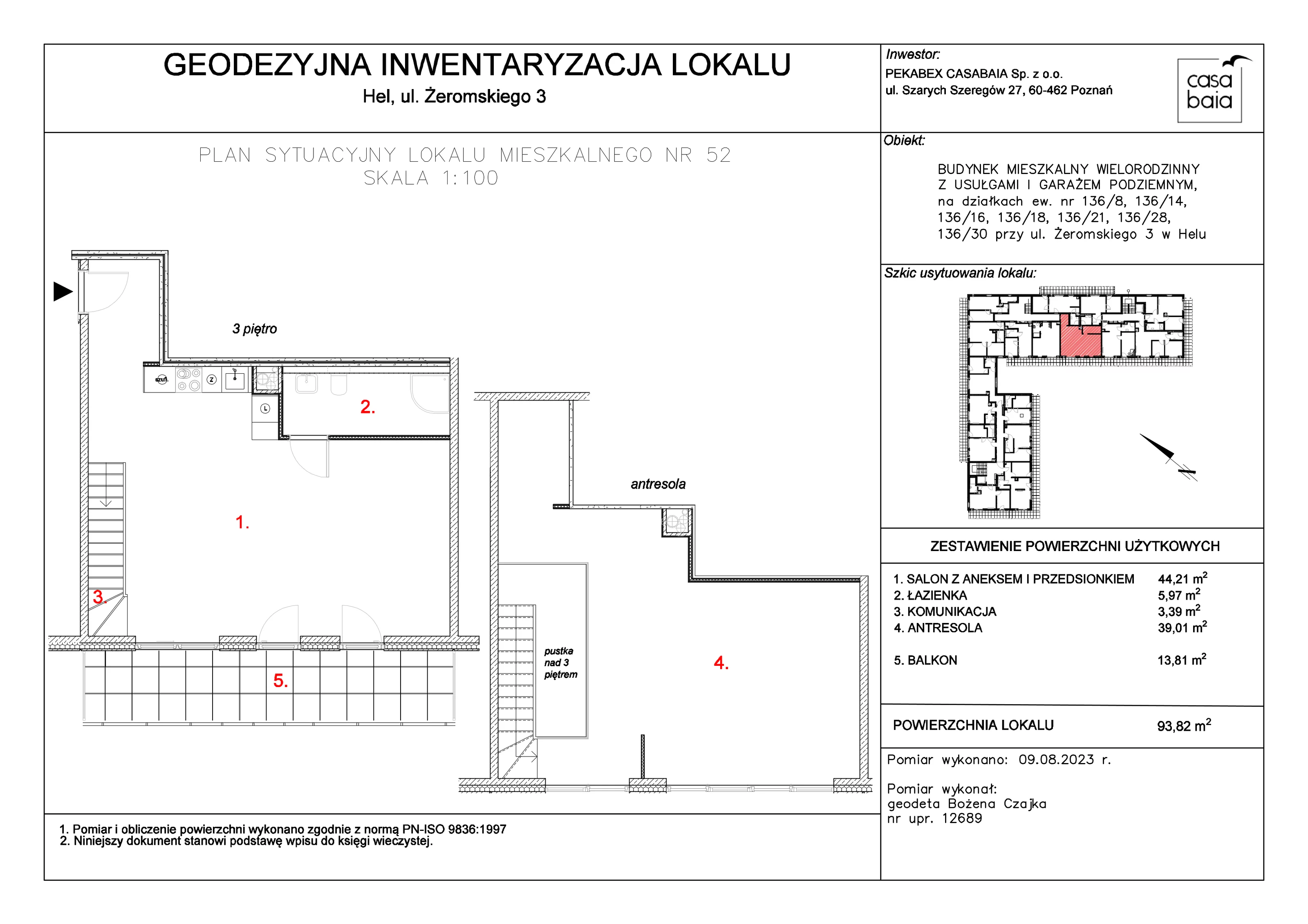 Mieszkanie 93,82 m², piętro 3, oferta nr F4, CASA BAIA, Hel, ul. Stefana Żeromskiego 3