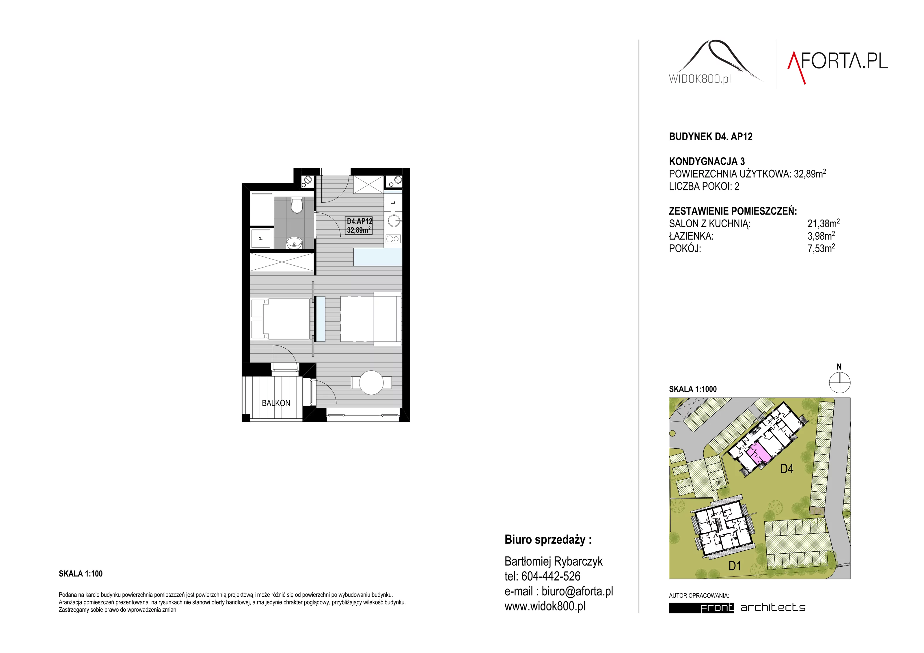 2 pokoje, apartament 32,89 m², piętro 3, oferta nr D4AP.12, Widok800, Szklarska Poręba, ul. Schroniskowa