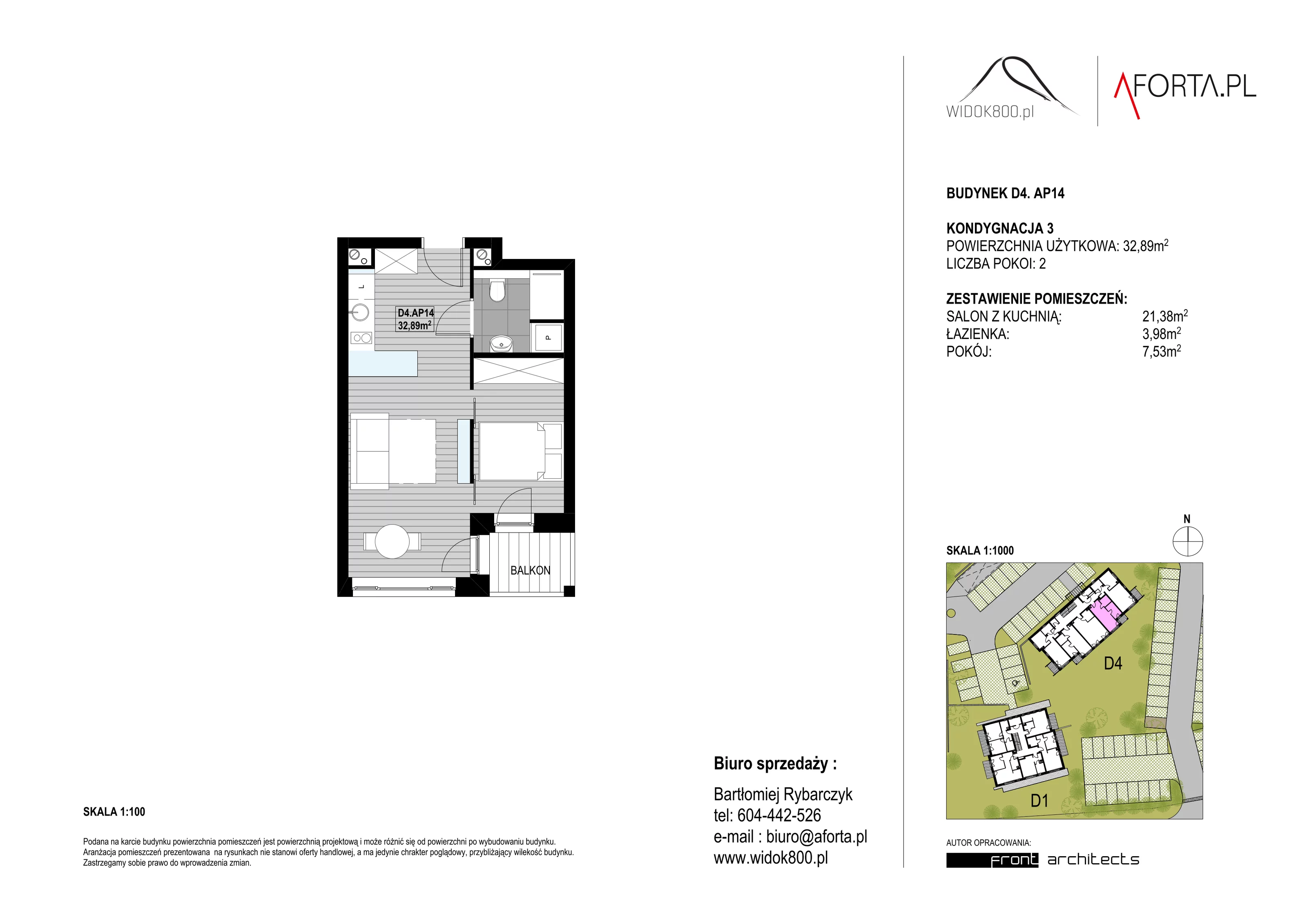 2 pokoje, apartament 32,89 m², piętro 3, oferta nr D4AP.14, Widok800, Szklarska Poręba, ul. Schroniskowa