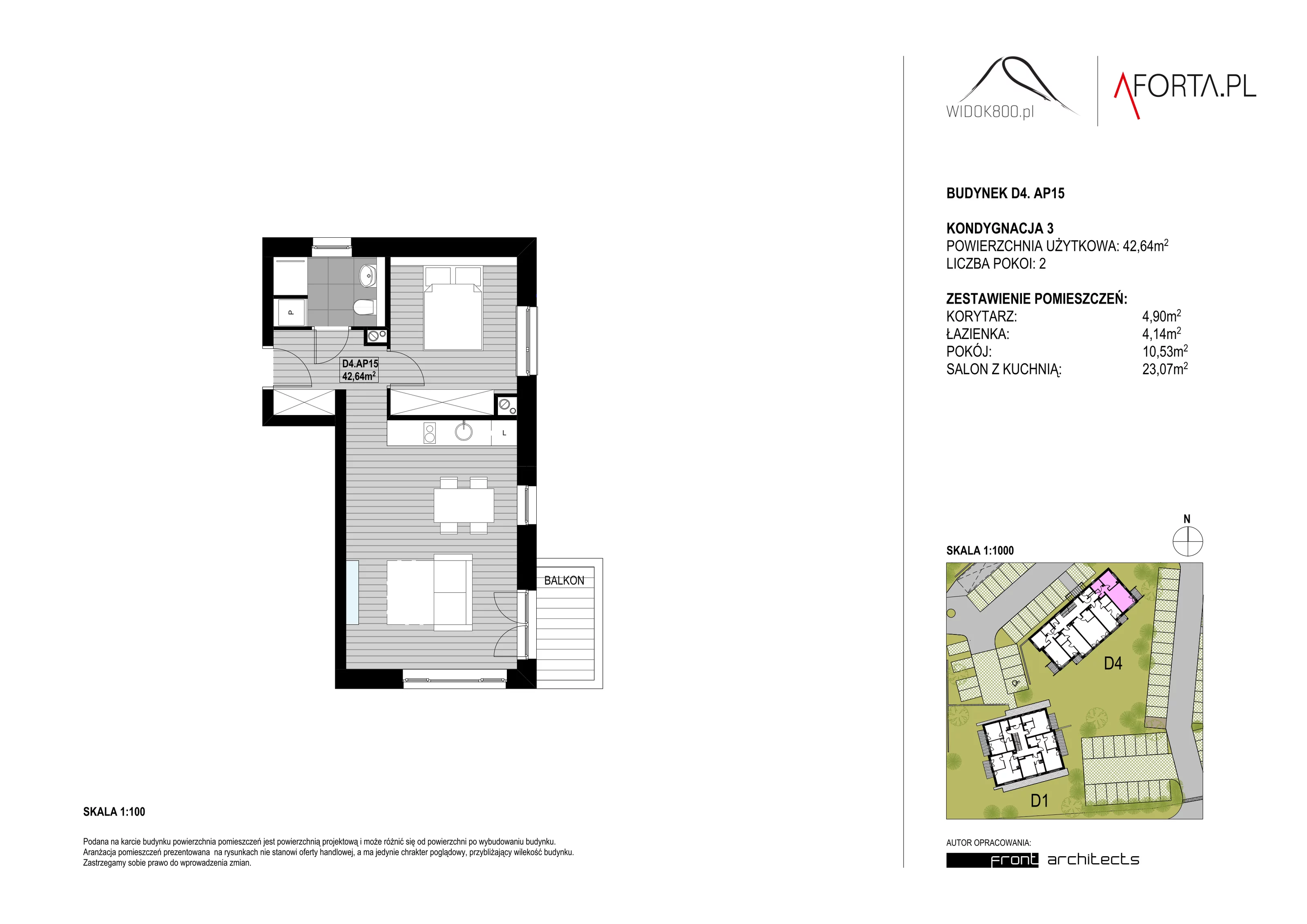 2 pokoje, apartament 42,64 m², piętro 3, oferta nr D4AP.15, Widok800, Szklarska Poręba, ul. Schroniskowa