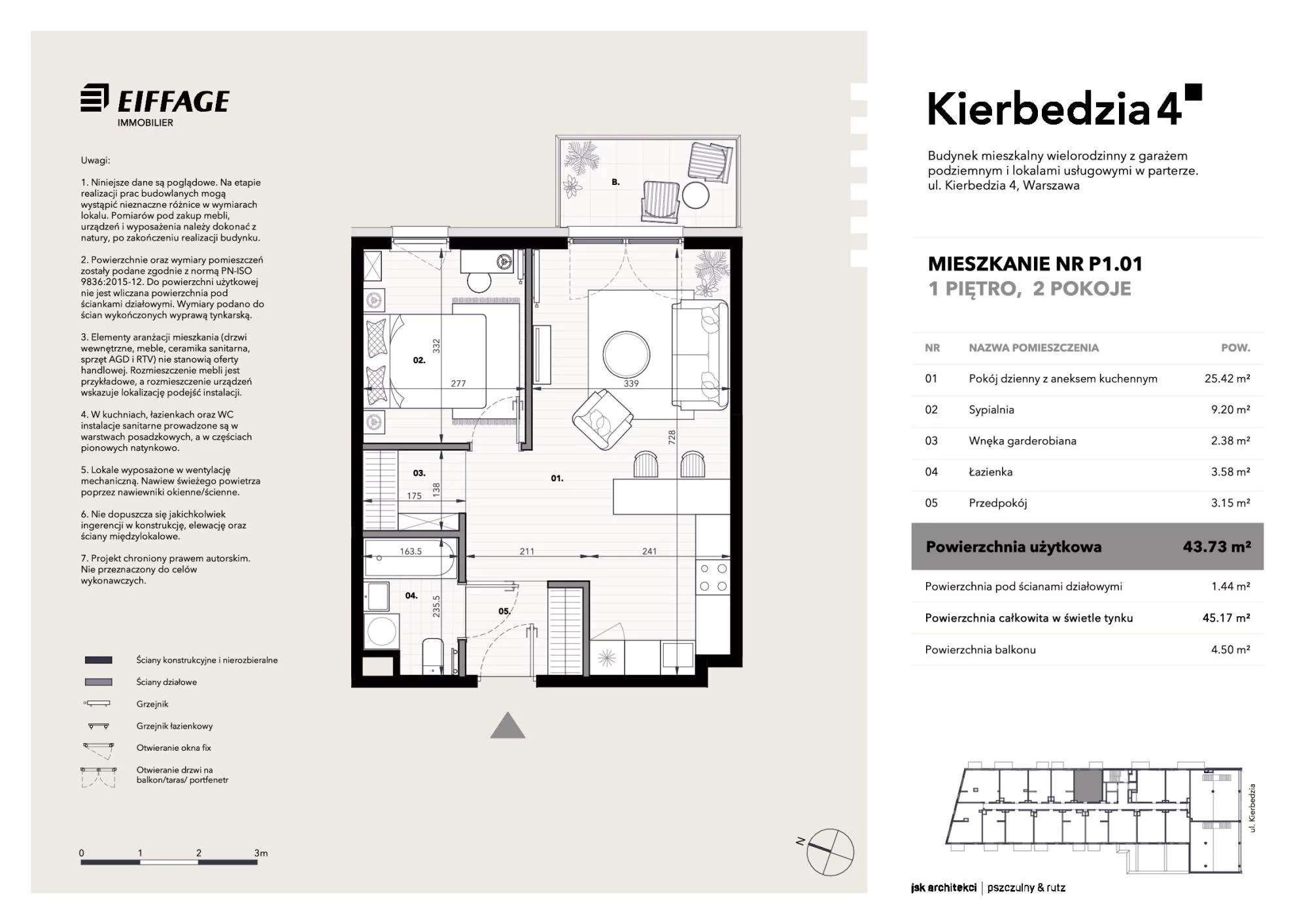 Apartament 43,73 m², piętro 1, oferta nr P1.01, Kierbedzia 4, Warszawa, Mokotów, Sielce, ul. Kierbedzia 4