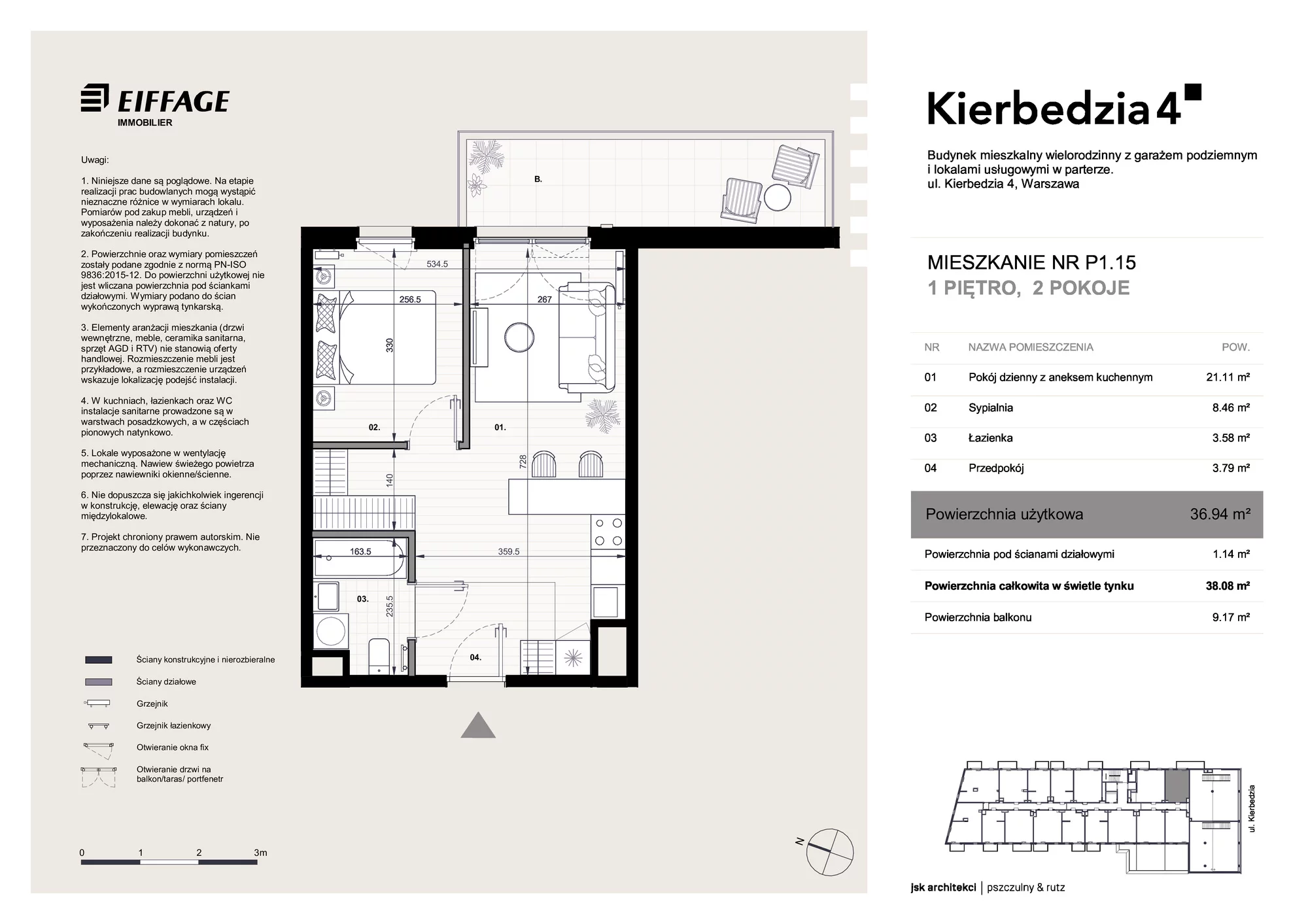 Apartament 36,94 m², piętro 1, oferta nr P1.15, Kierbedzia 4, Warszawa, Mokotów, Sielce, ul. Kierbedzia 4