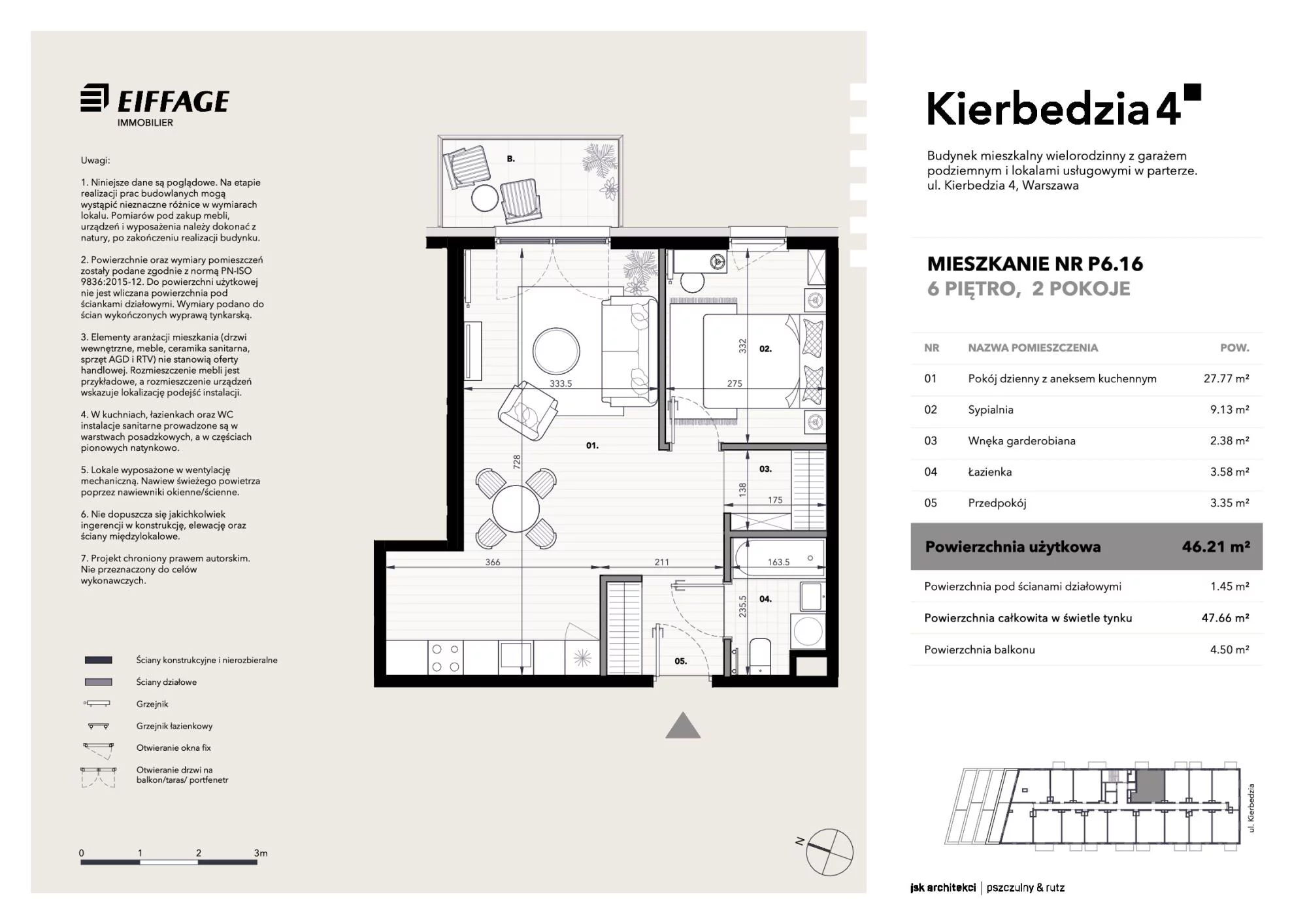 Apartament 46,21 m², piętro 6, oferta nr P6.16, Kierbedzia 4, Warszawa, Mokotów, Sielce, ul. Kierbedzia 4