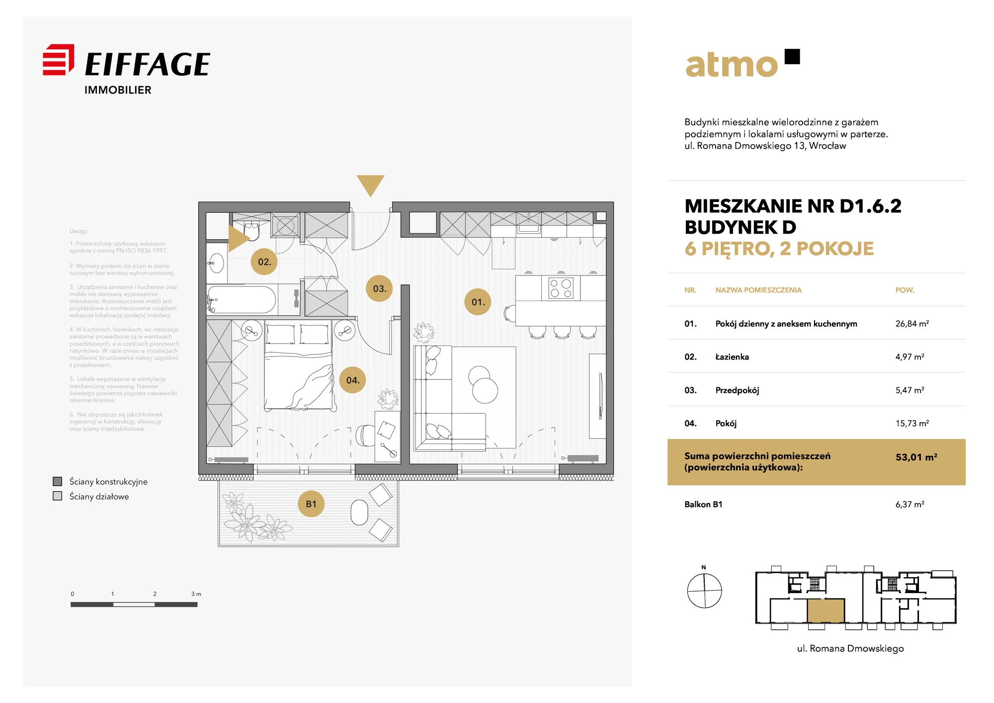 2 pokoje, apartament 53,01 m², piętro 6, oferta nr D1.6.2, Atmo, Wrocław, Nadodrze, ul. Romana Dmowskiego 13