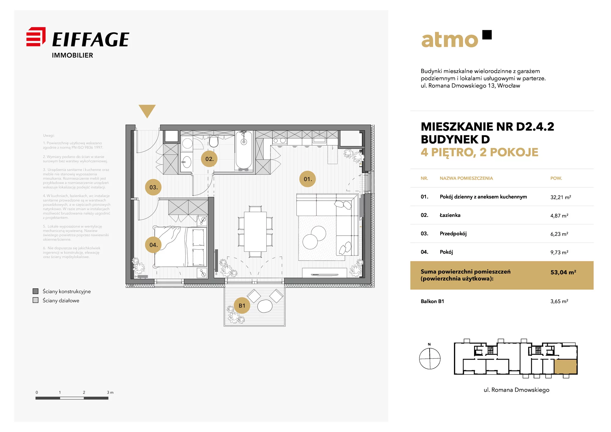 2 pokoje, apartament 53,04 m², piętro 4, oferta nr D2.4.2, Atmo, Wrocław, Nadodrze, ul. Romana Dmowskiego 13