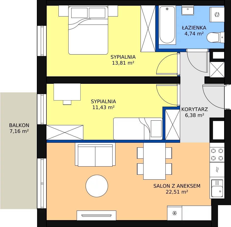 3 pokoje, mieszkanie 59,26 m², piętro 1, oferta nr B2-13, Marcelińska 18, Poznań, Św. Łazarz, Grunwald, ul. Marcelińska 18