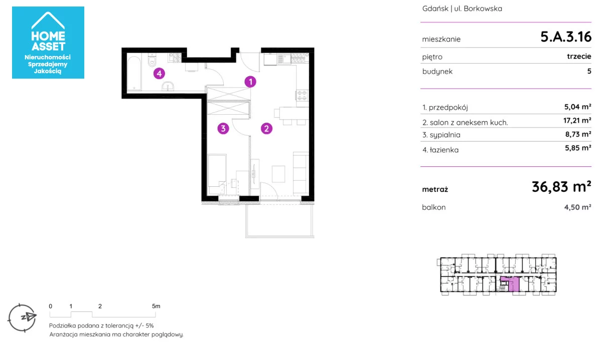 2 pokoje, mieszkanie 36,83 m², piętro 3, oferta nr , HS192836, Gdańsk, Borkowska