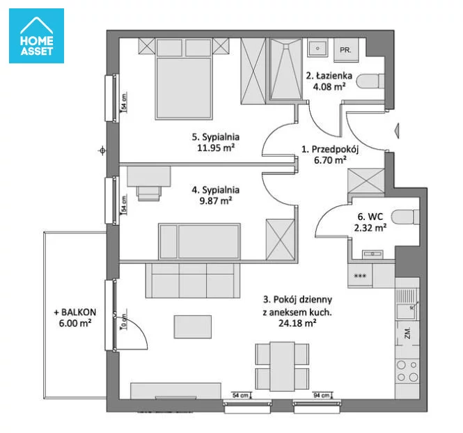 Mieszkanie na sprzedaż, 59,10 m², 3 pokoje, 1 piętro, oferta nr HS960076