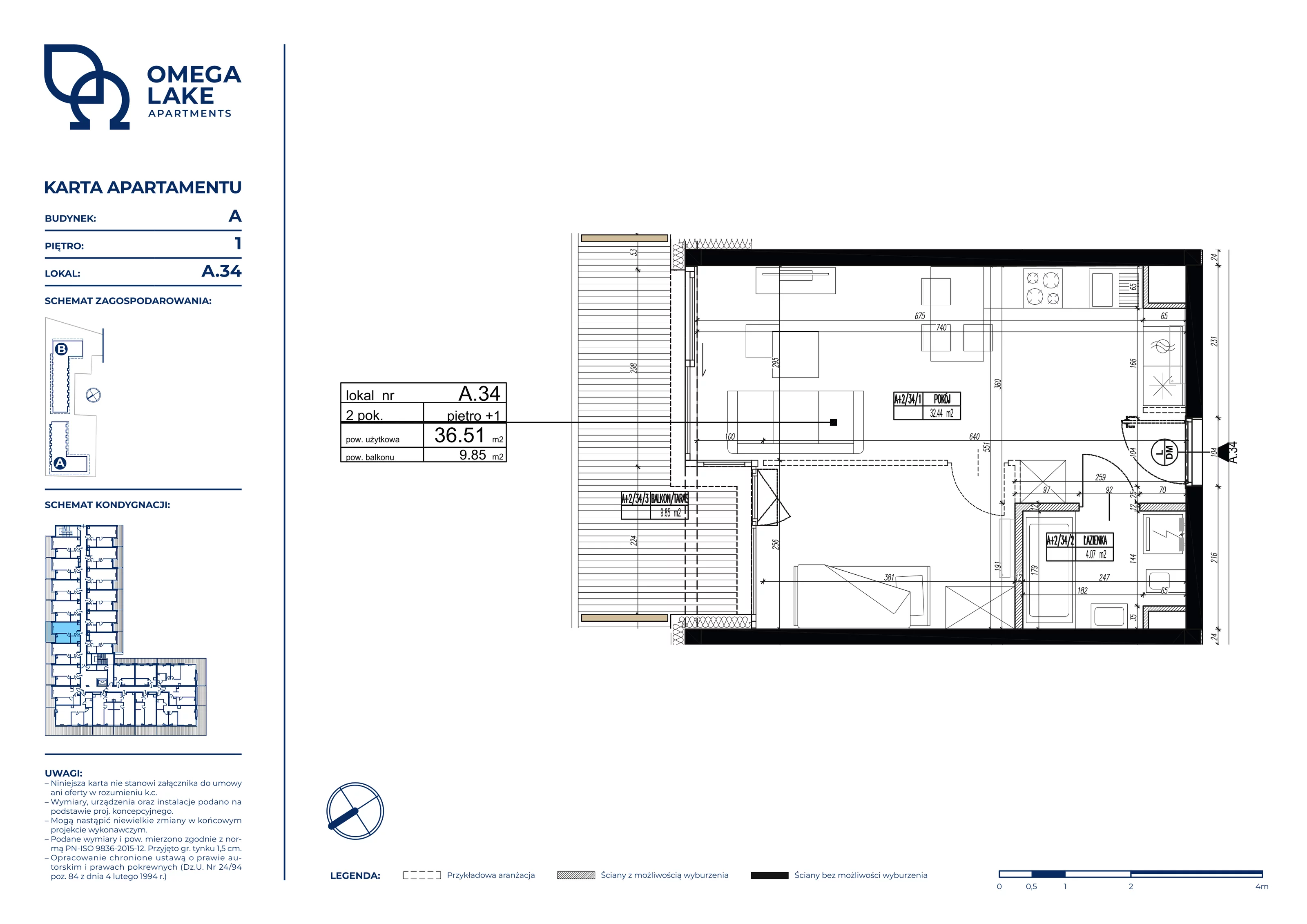 2 pokoje, apartament 36,51 m², piętro 1, oferta nr 1/34/, Omega Lake Apartaments, Olsztyn, Dajtki, ul. Sielska 4