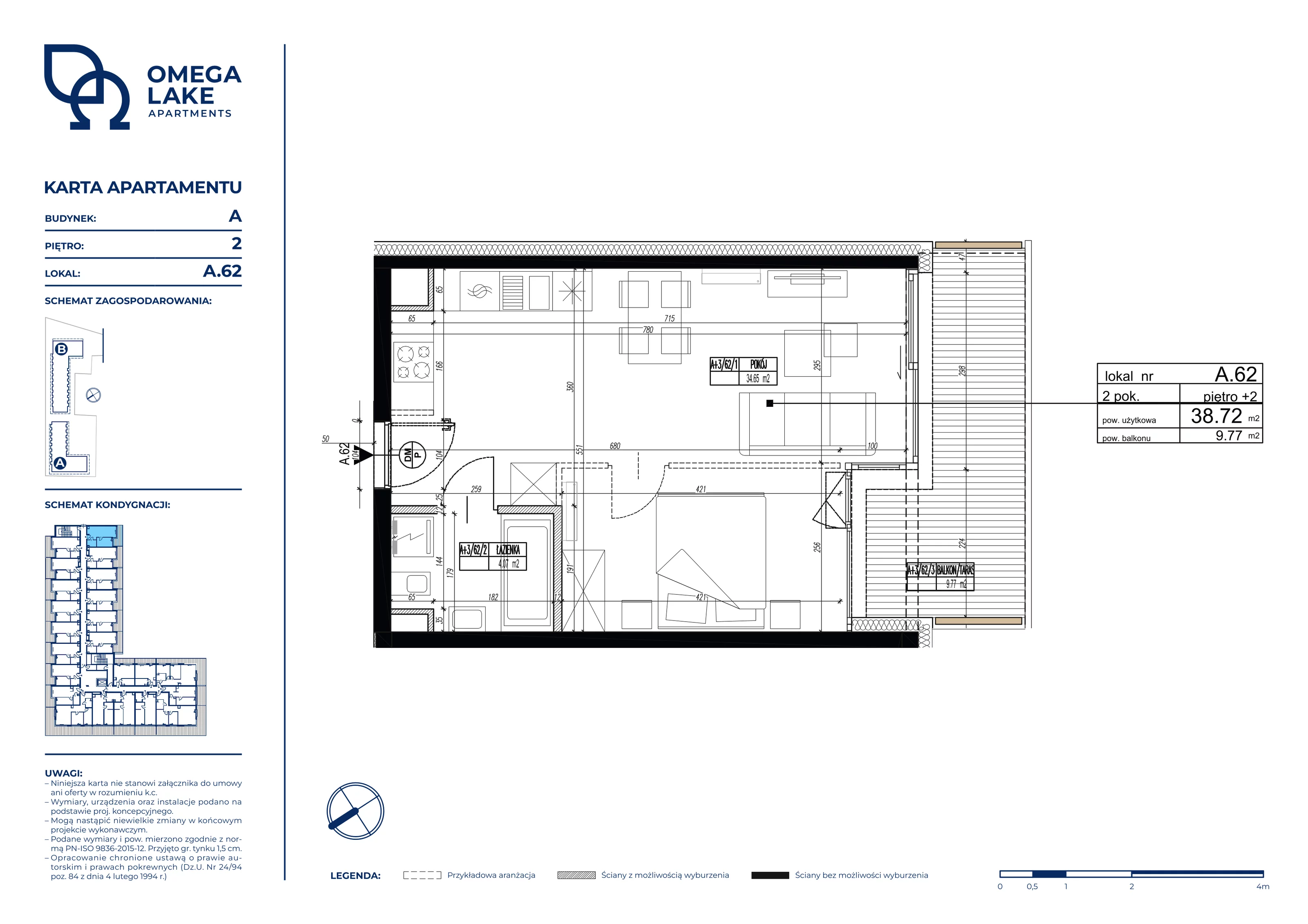 2 pokoje, apartament 38,72 m², piętro 2, oferta nr 2/62/, Omega Lake Apartaments, Olsztyn, Dajtki, ul. Sielska 4