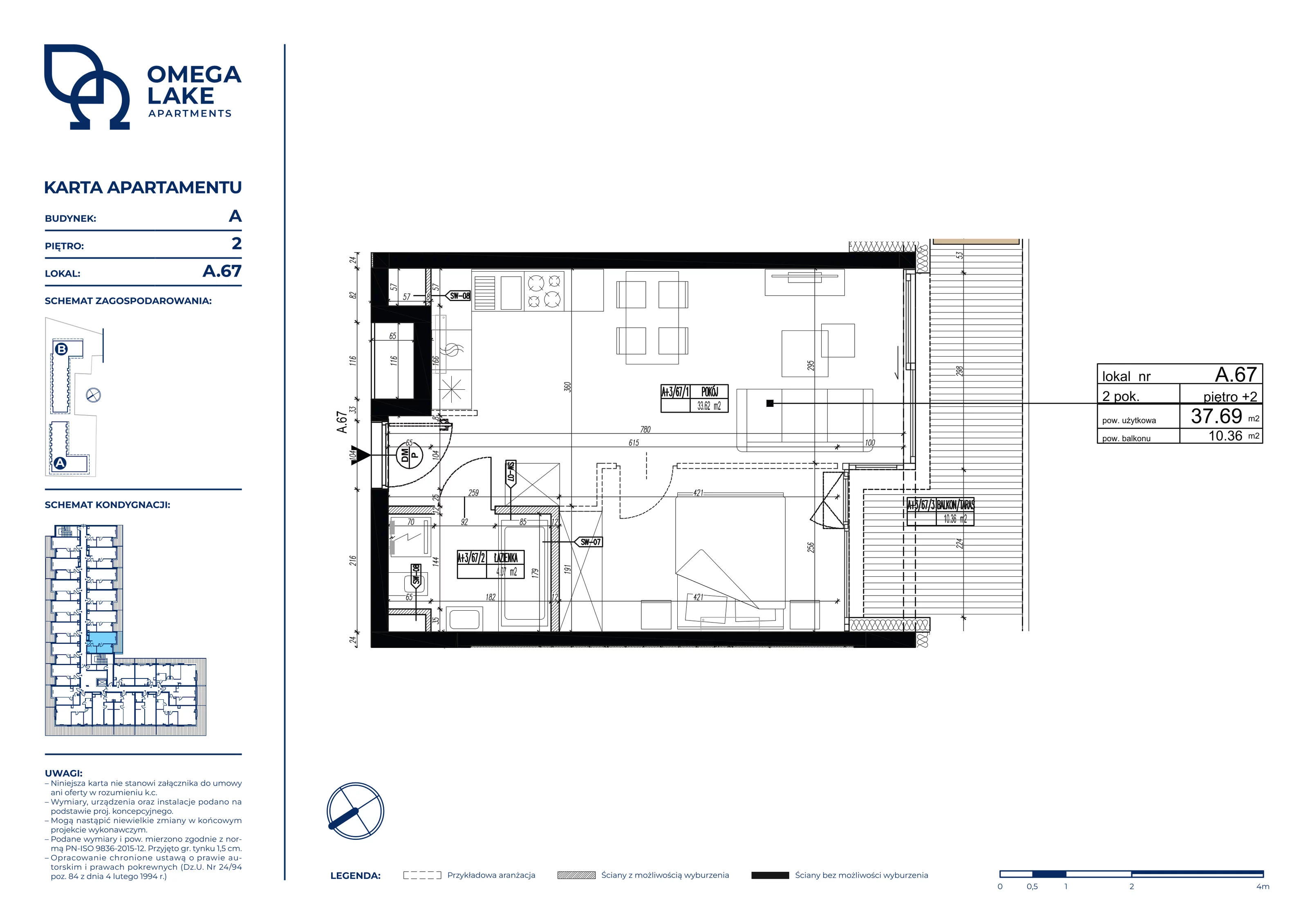 2 pokoje, apartament 37,69 m², piętro 2, oferta nr 2/67/, Omega Lake Apartaments, Olsztyn, Dajtki, ul. Sielska 4