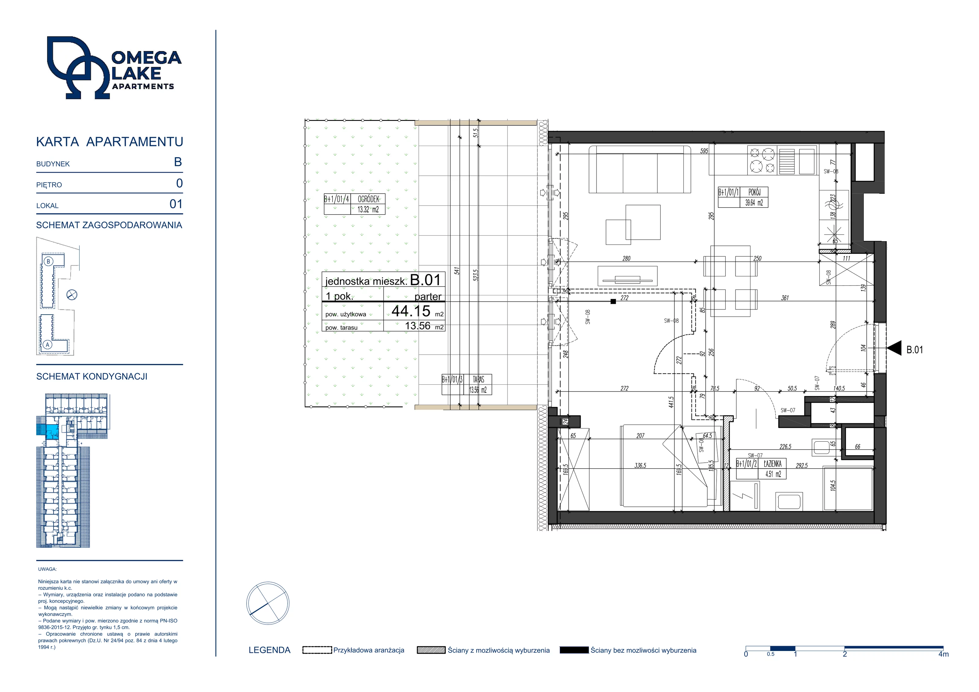 2 pokoje, apartament 44,15 m², parter, oferta nr 0/01/, Omega Lake Apartaments, Olsztyn, Dajtki, ul. Sielska 4