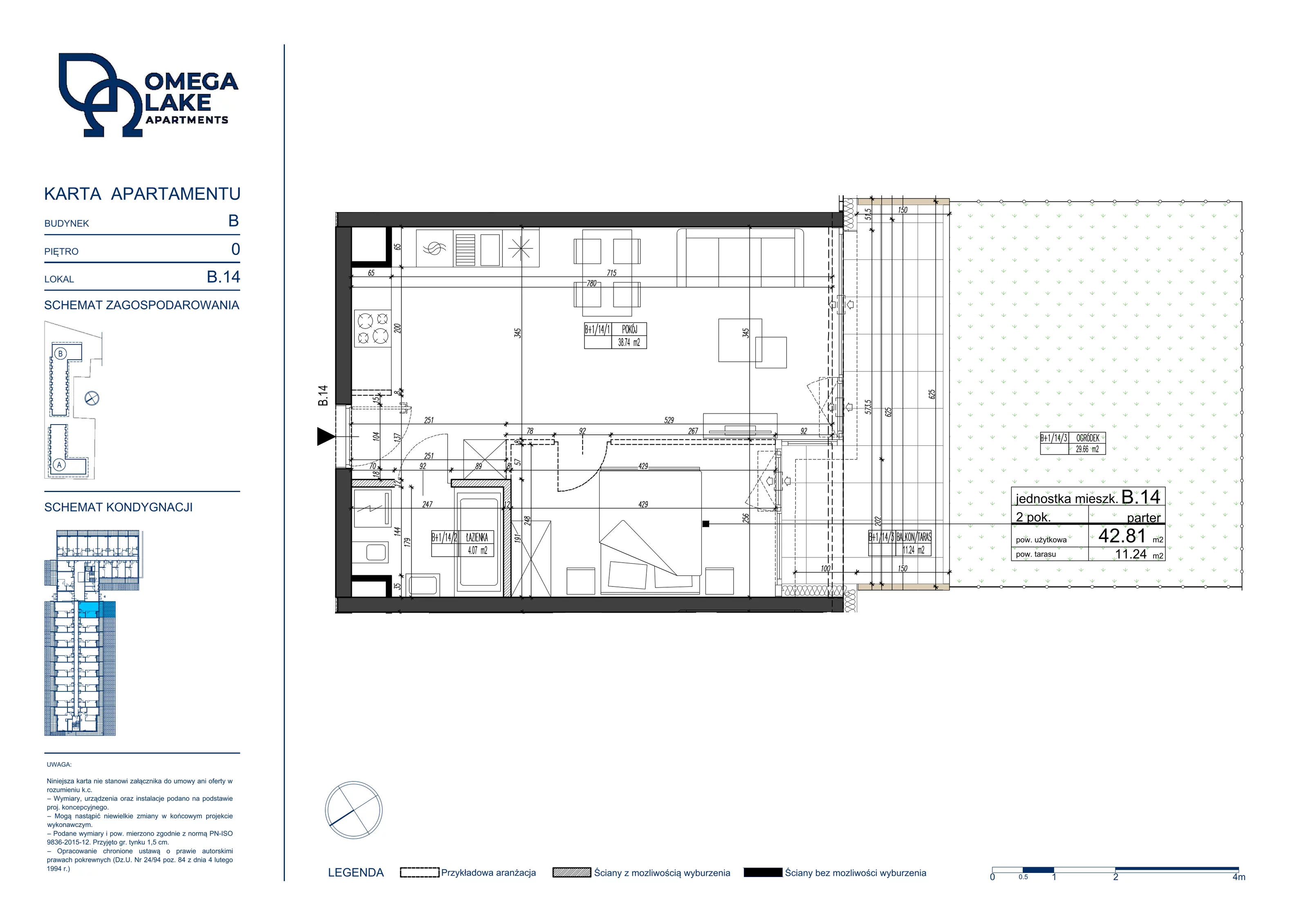 2 pokoje, apartament 42,81 m², parter, oferta nr 0/14/, Omega Lake Apartaments, Olsztyn, Dajtki, ul. Sielska 4