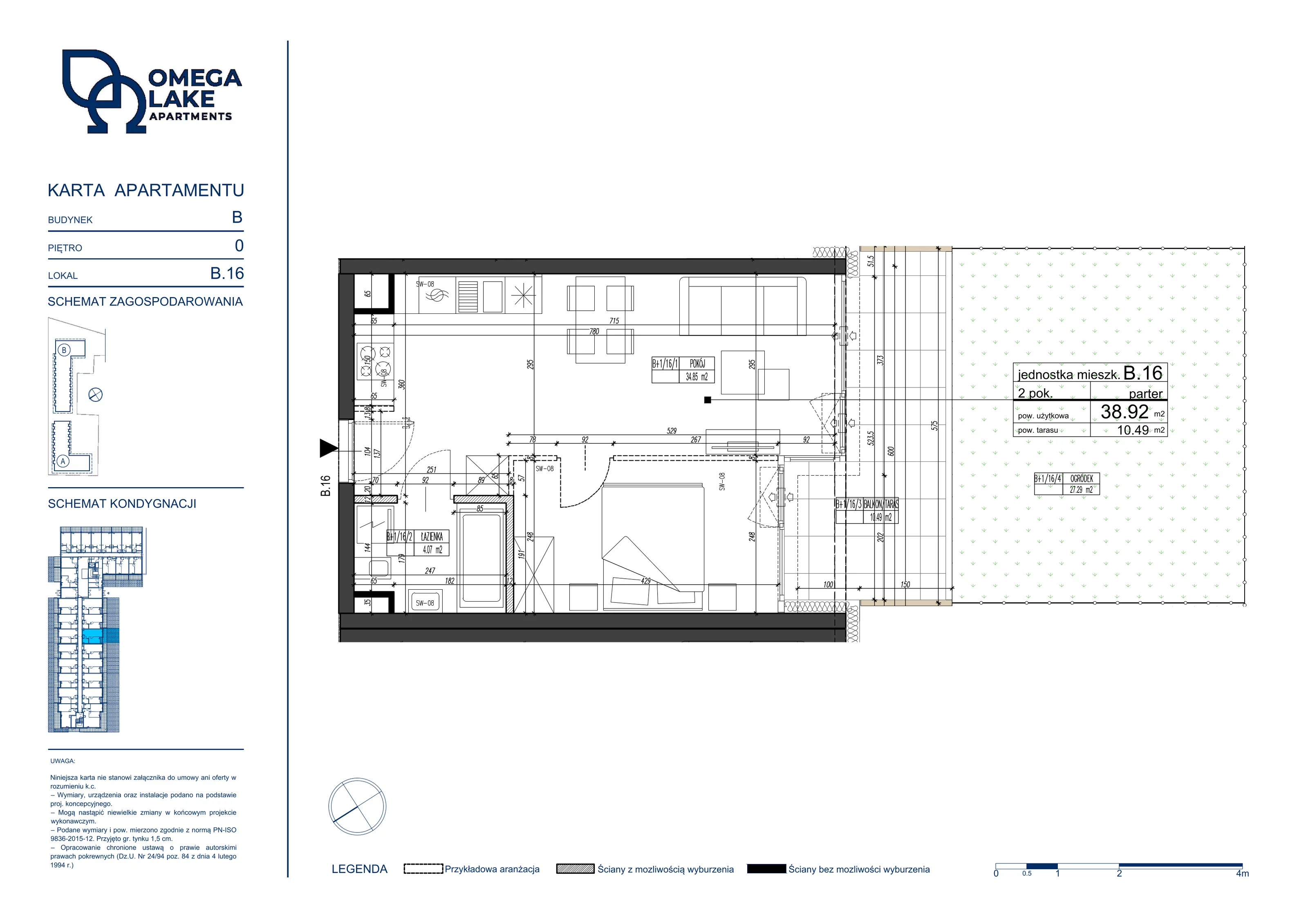 2 pokoje, apartament 38,92 m², parter, oferta nr 0/16/, Omega Lake Apartaments, Olsztyn, Dajtki, ul. Sielska 4