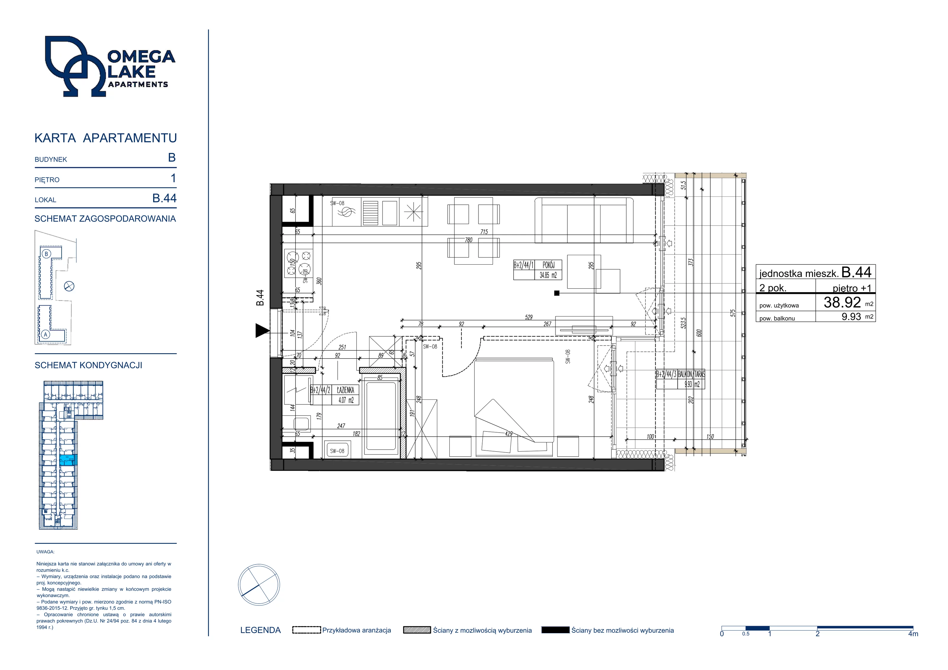 2 pokoje, apartament 38,92 m², piętro 1, oferta nr 1/44/, Omega Lake Apartaments, Olsztyn, Dajtki, ul. Sielska 4