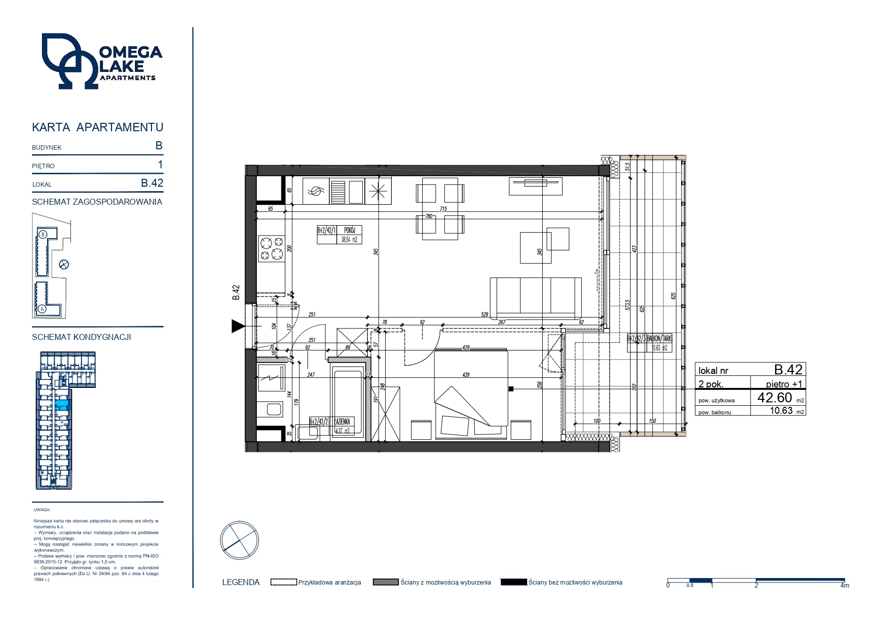 2 pokoje, apartament 42,60 m², piętro 1, oferta nr 1/42/, Omega Lake Apartaments, Olsztyn, Dajtki, ul. Sielska 4