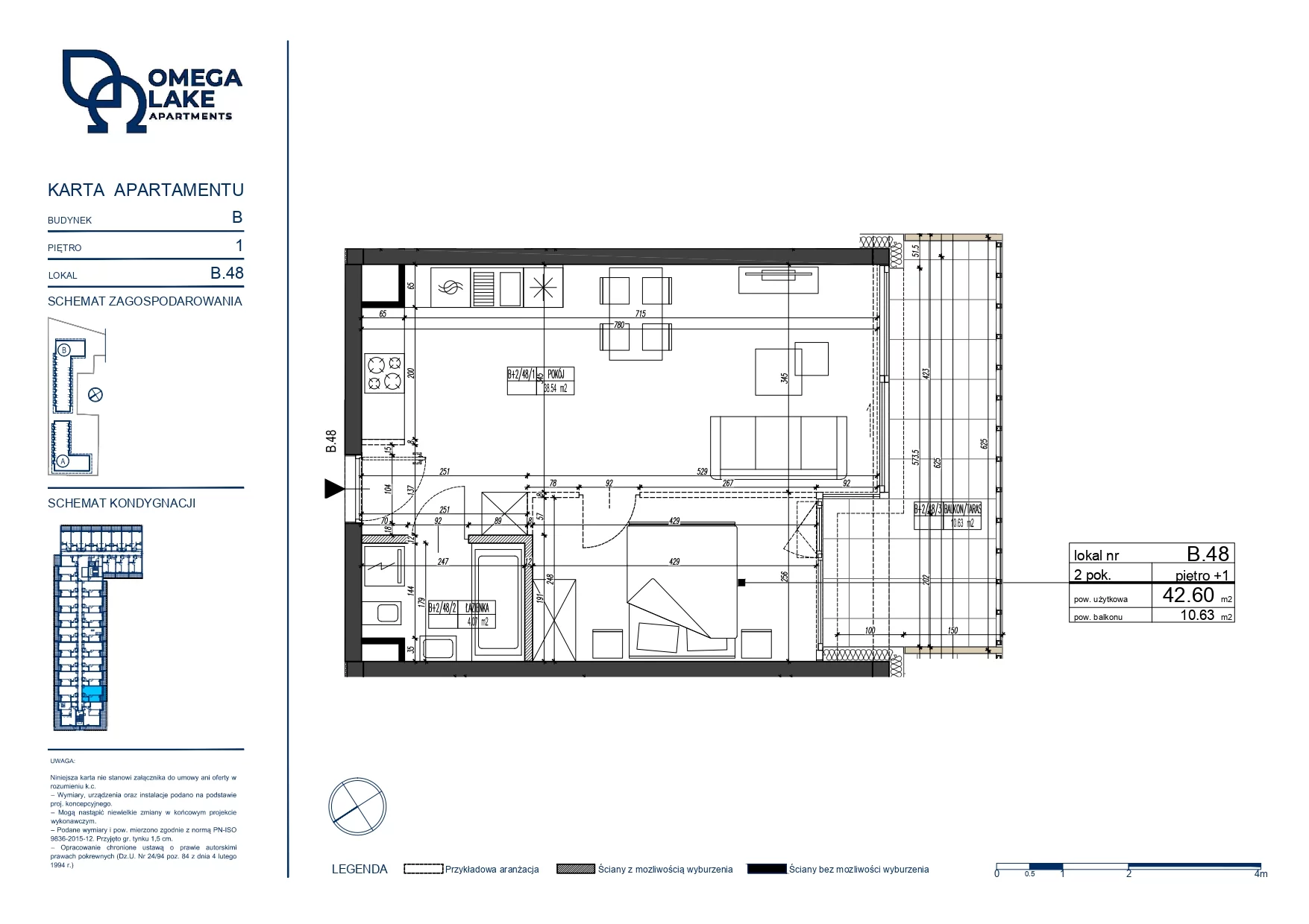 2 pokoje, apartament 42,60 m², piętro 1, oferta nr 1/48/, Omega Lake Apartaments, Olsztyn, Dajtki, ul. Sielska 4