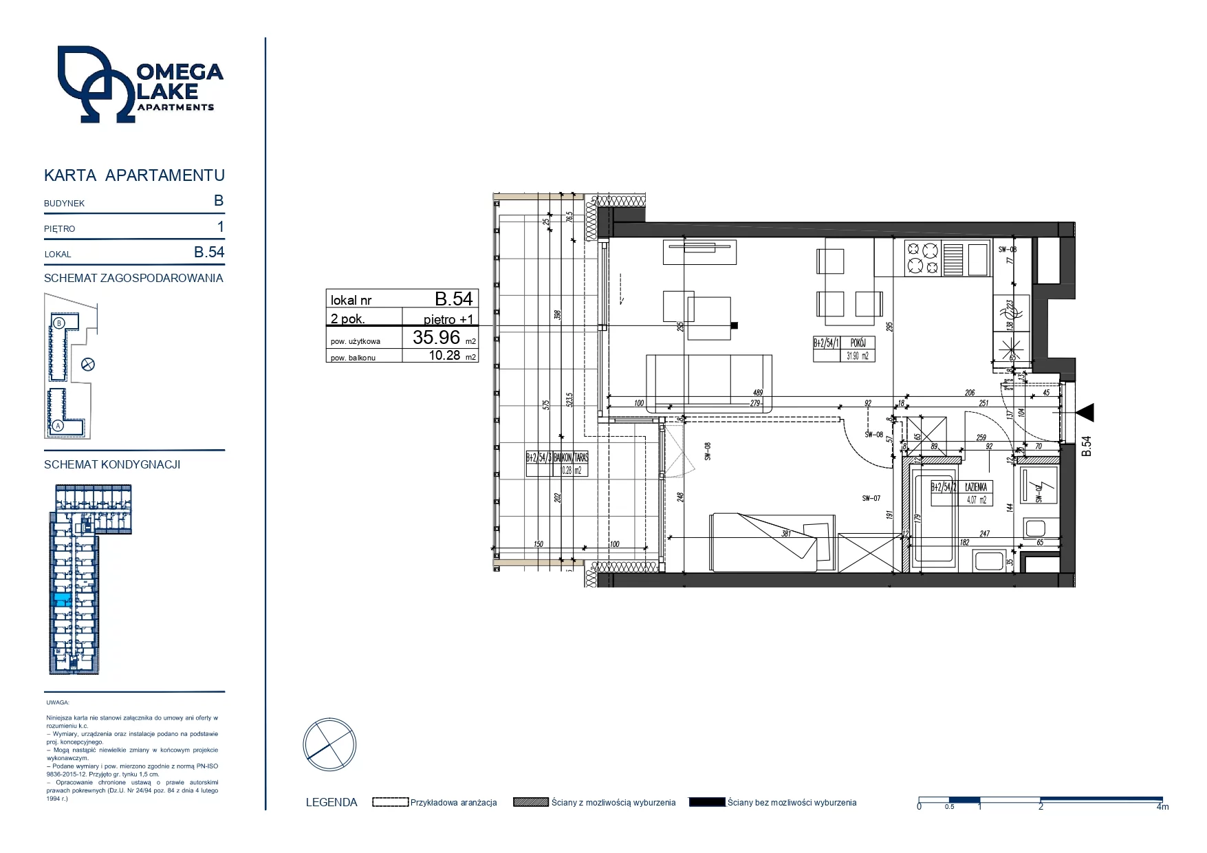 2 pokoje, apartament 35,96 m², piętro 1, oferta nr 1/54/, Omega Lake Apartaments, Olsztyn, Dajtki, ul. Sielska 4