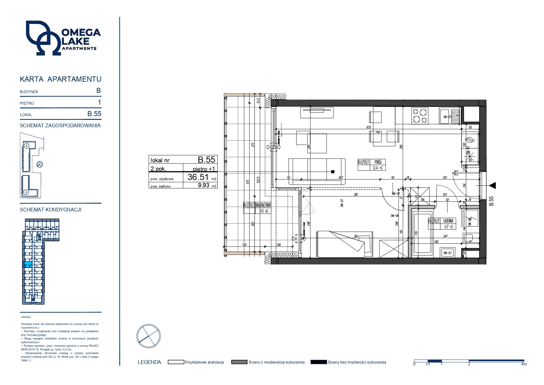 2 pokoje, apartament 36,51 m², piętro 1, oferta nr 1/55/, Omega Lake Apartaments, Olsztyn, Dajtki, ul. Sielska 4