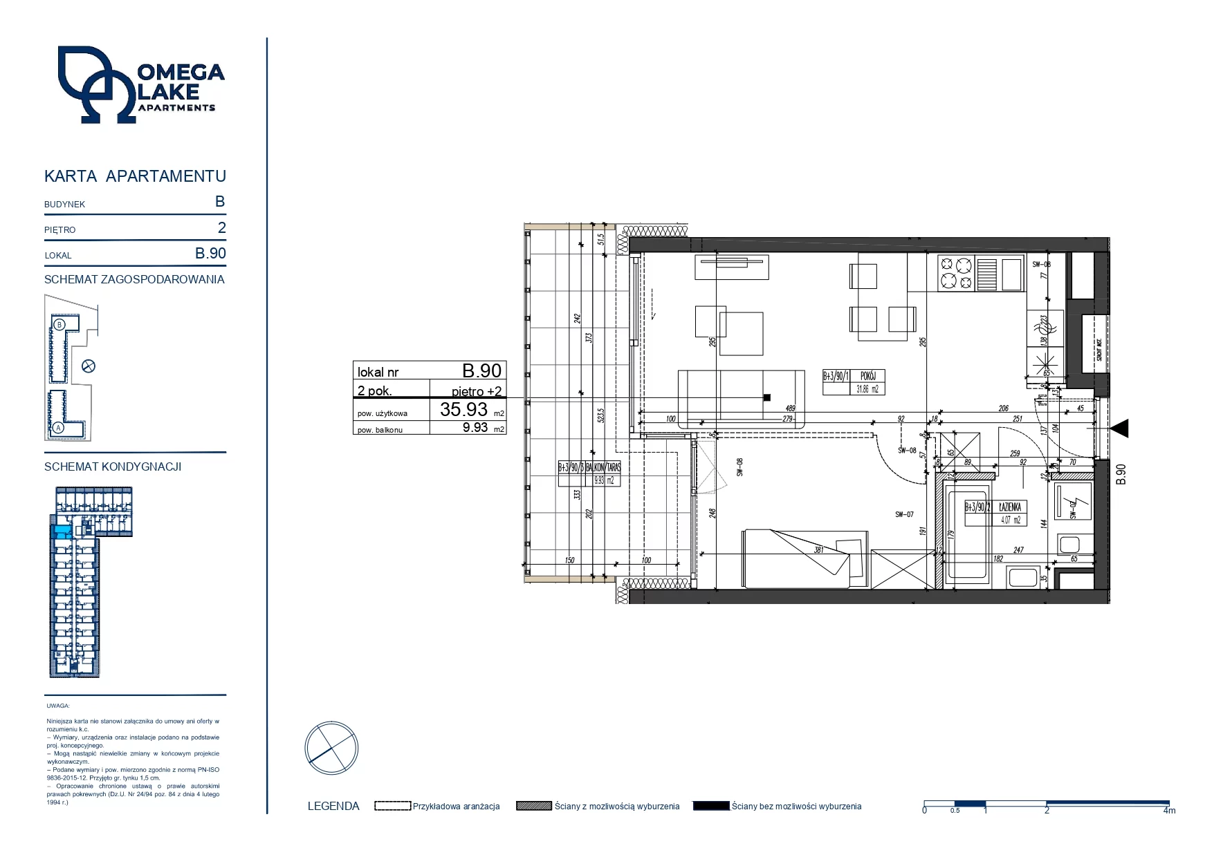 2 pokoje, apartament 35,93 m², piętro 2, oferta nr 2/90/, Omega Lake Apartaments, Olsztyn, Dajtki, ul. Sielska 4