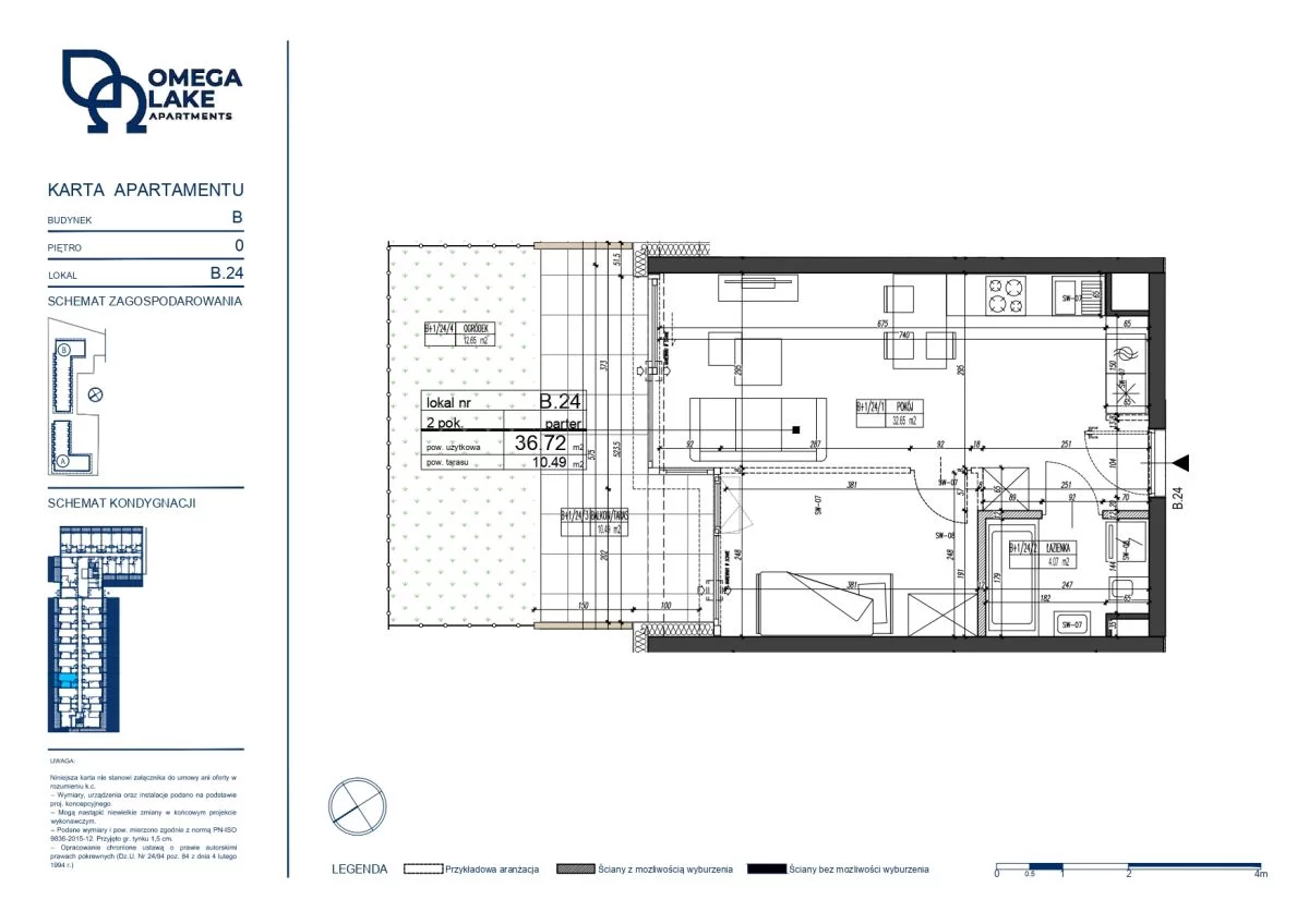 2 pokoje, mieszkanie 36,72 m², parter, oferta nr 0/24/, Omega Lake Apartaments, Olsztyn, Dajtki, ul. Sielska 4