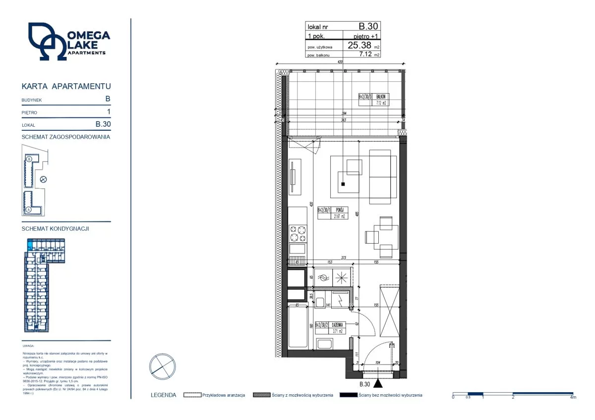 1 pokój, mieszkanie 25,38 m², piętro 1, oferta nr 1/30/, Omega Lake Apartaments, Olsztyn, Dajtki, ul. Sielska 4