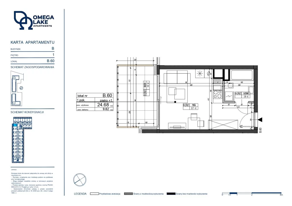 1 pokój, mieszkanie 24,68 m², piętro 1, oferta nr 1/60/, Omega Lake Apartaments, Olsztyn, Dajtki, ul. Sielska 4