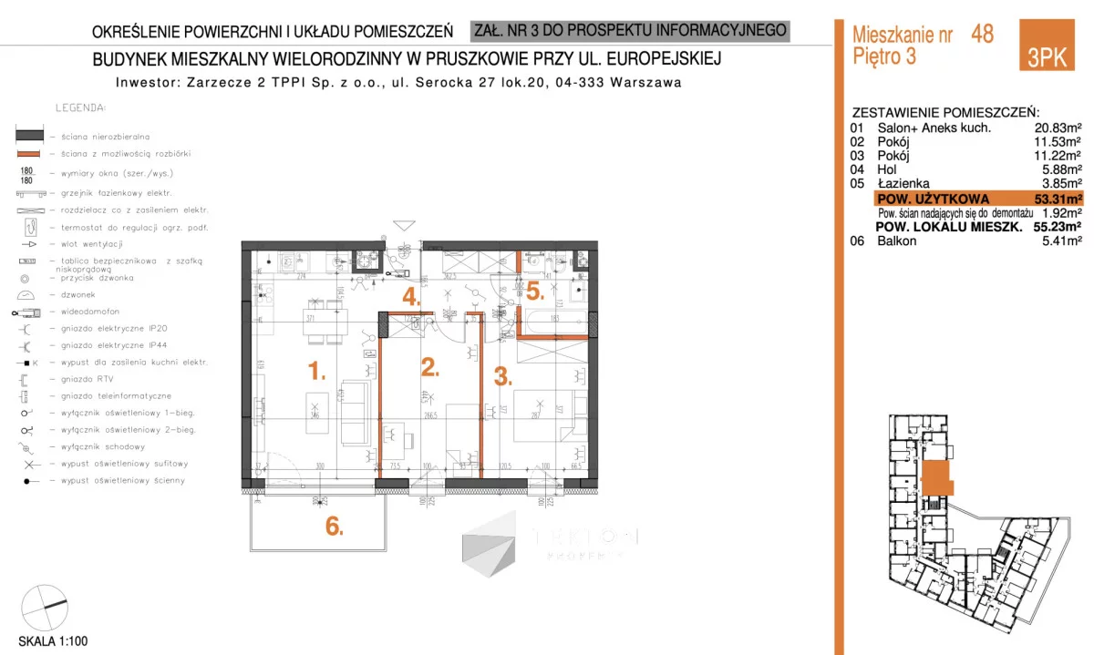 3 pokoje, mieszkanie 53,31 m², piętro 3, oferta nr , TC366046, Pruszków, Żbików, Europejska