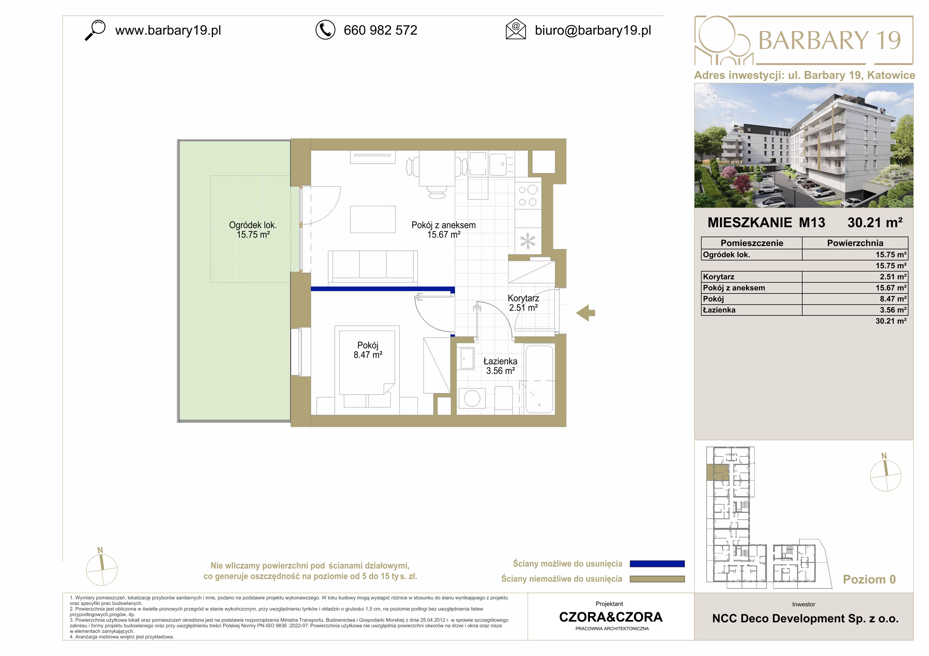 Mieszkanie 30,21 m², parter, oferta nr M13, Apartamenty Barbary 19, Katowice, Śródmieście, ul. Barbary 19