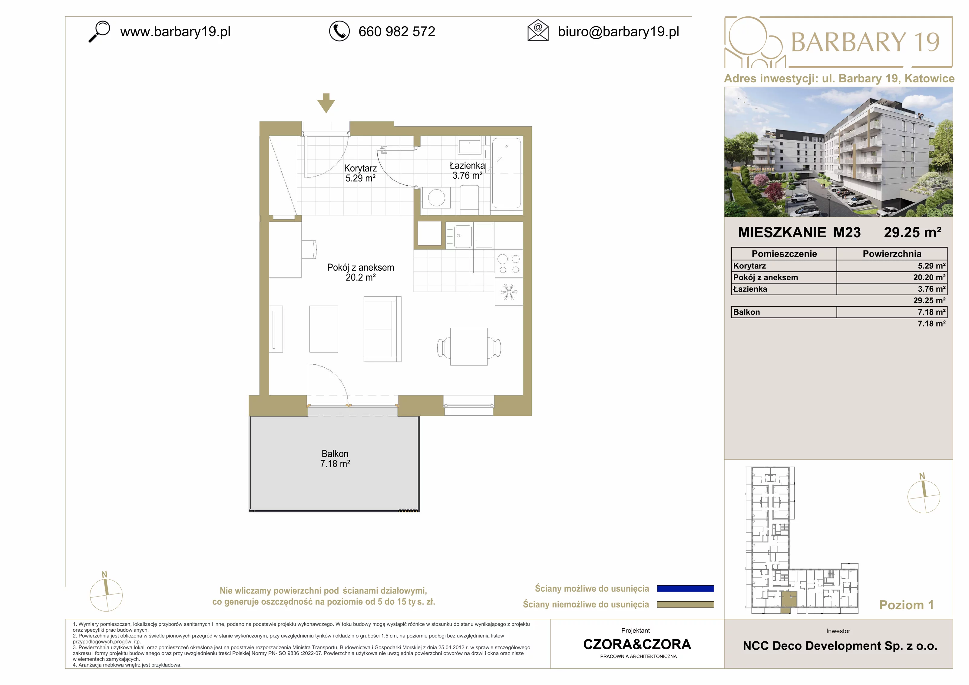 Mieszkanie 29,25 m², piętro 1, oferta nr M23, Apartamenty Barbary 19, Katowice, Śródmieście, ul. Barbary 19