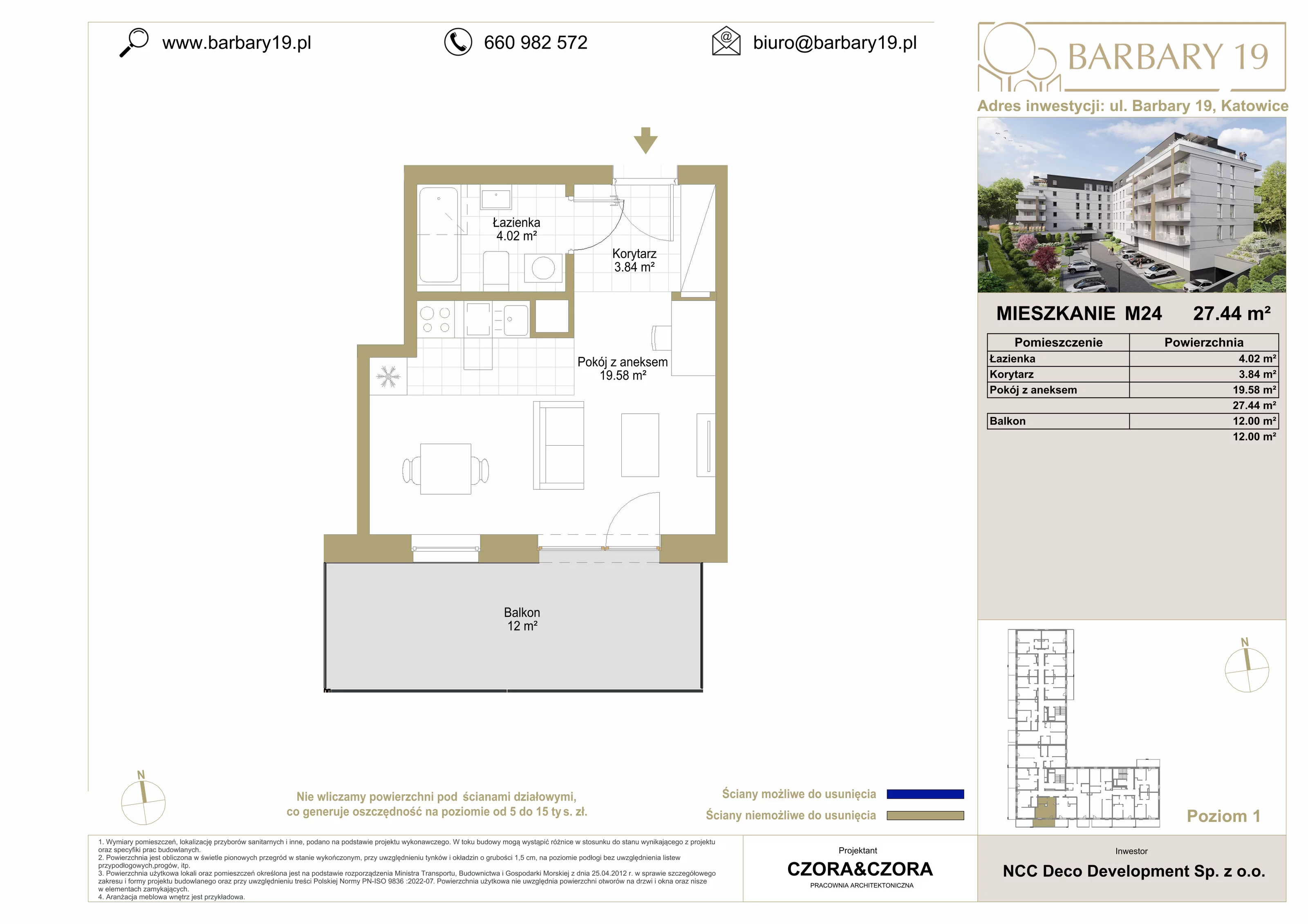 Mieszkanie 27,44 m², piętro 1, oferta nr M24, Apartamenty Barbary 19, Katowice, Śródmieście, ul. Barbary 19