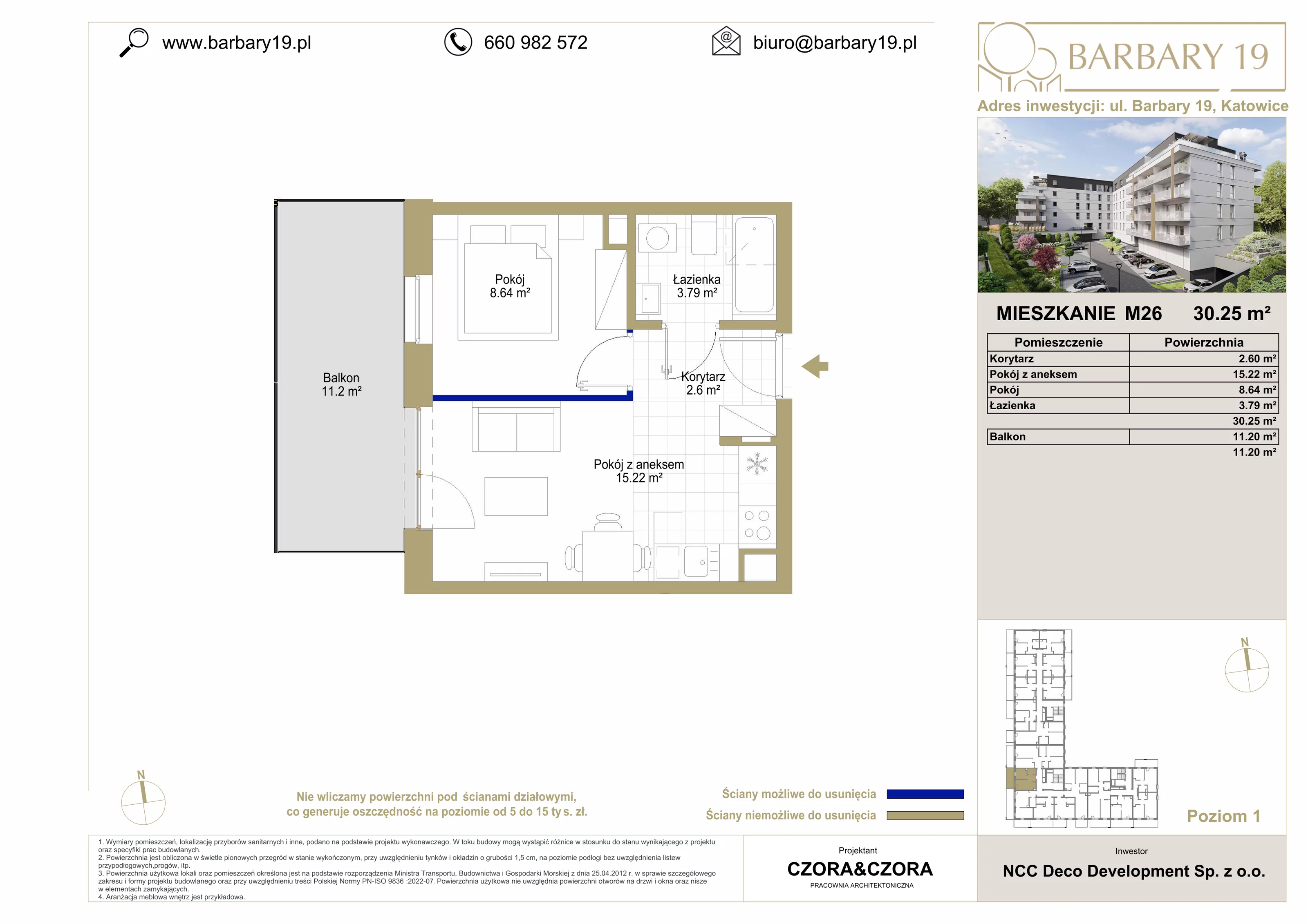 Mieszkanie 30,25 m², piętro 1, oferta nr M26, Apartamenty Barbary 19, Katowice, Śródmieście, ul. Barbary 19