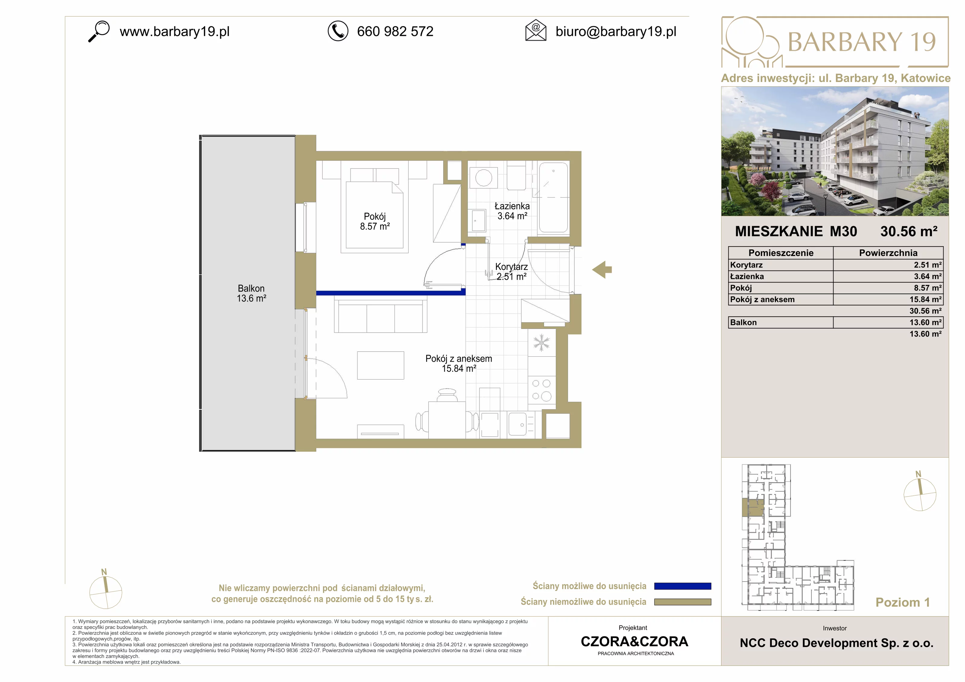 Mieszkanie 30,56 m², piętro 1, oferta nr M30, Apartamenty Barbary 19, Katowice, Śródmieście, ul. Barbary 19