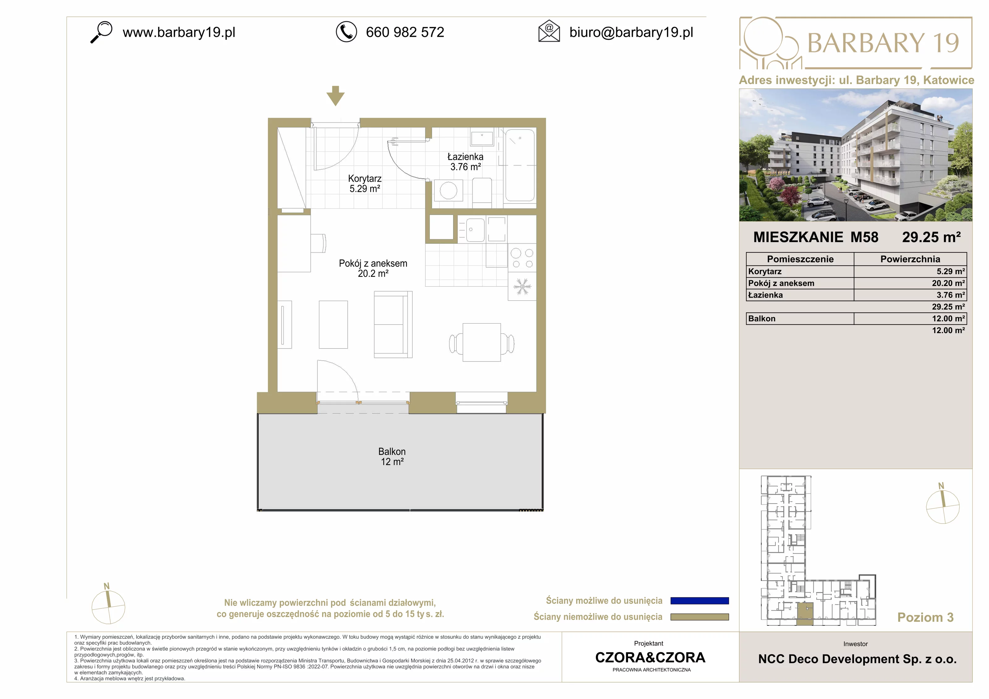 Mieszkanie 29,25 m², piętro 3, oferta nr M58, Apartamenty Barbary 19, Katowice, Śródmieście, ul. Barbary 19