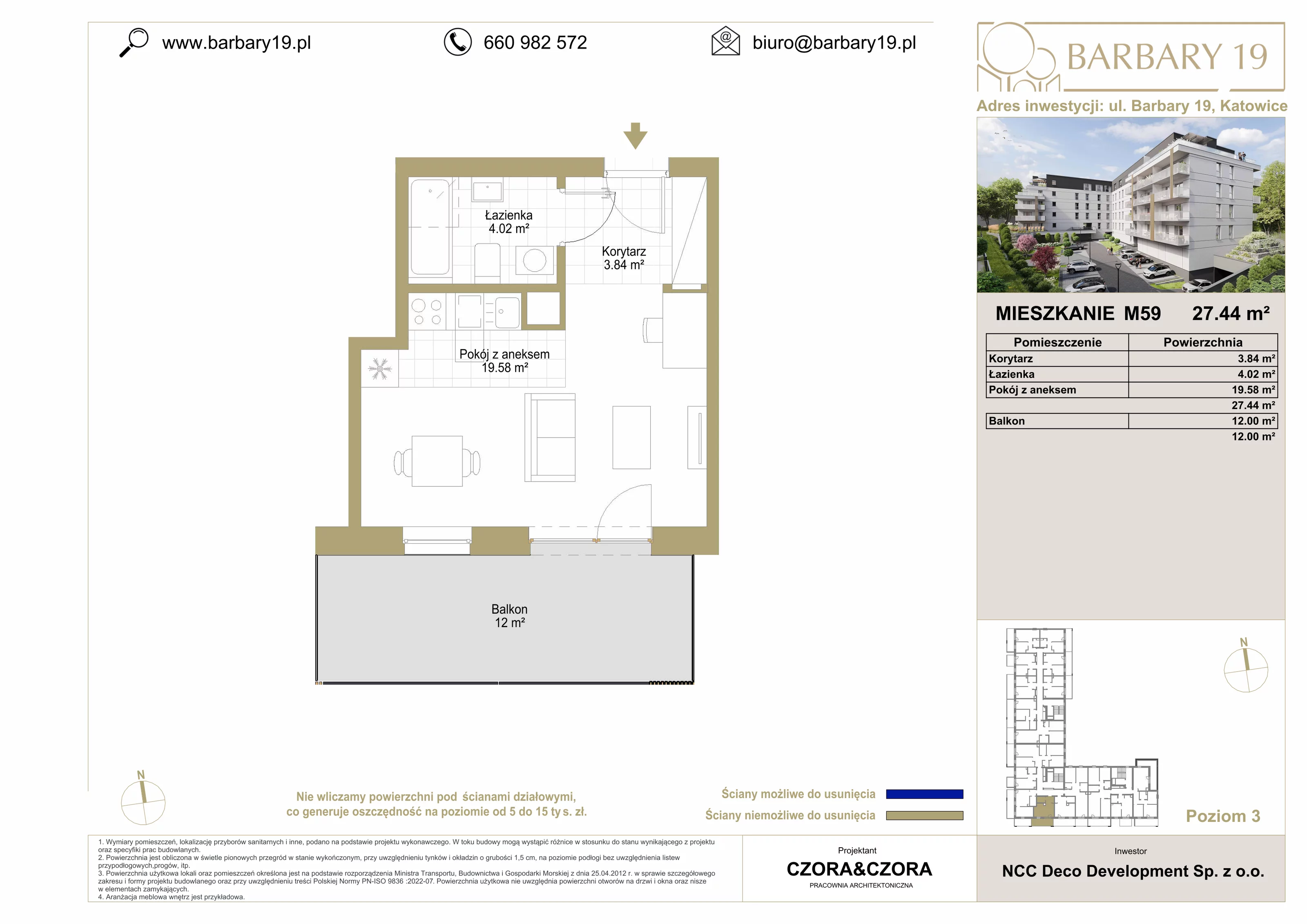 Mieszkanie 27,44 m², piętro 3, oferta nr M59, Apartamenty Barbary 19, Katowice, Śródmieście, ul. Barbary 19