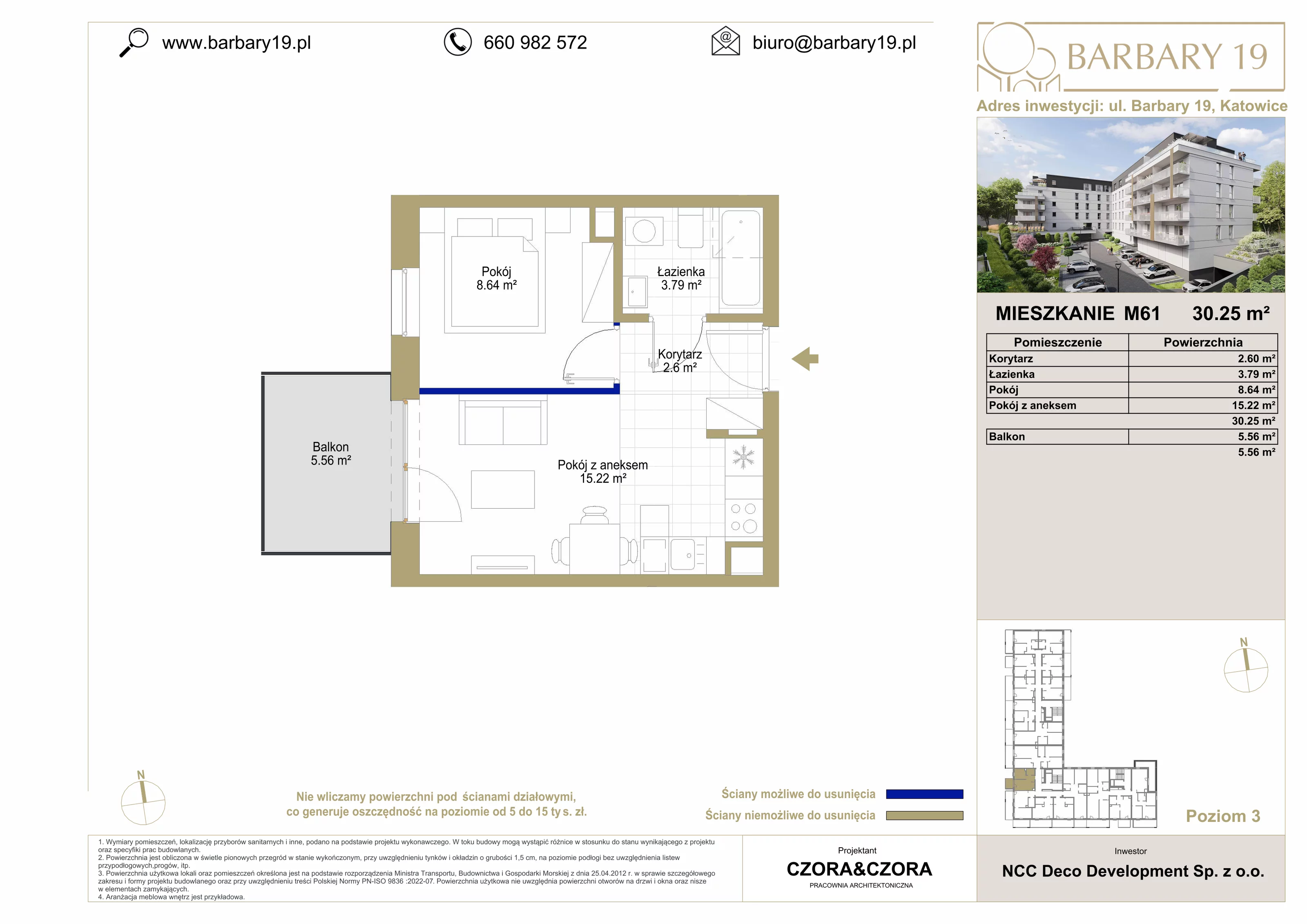 Mieszkanie 30,25 m², piętro 3, oferta nr M61, Apartamenty Barbary 19, Katowice, Śródmieście, ul. Barbary 19