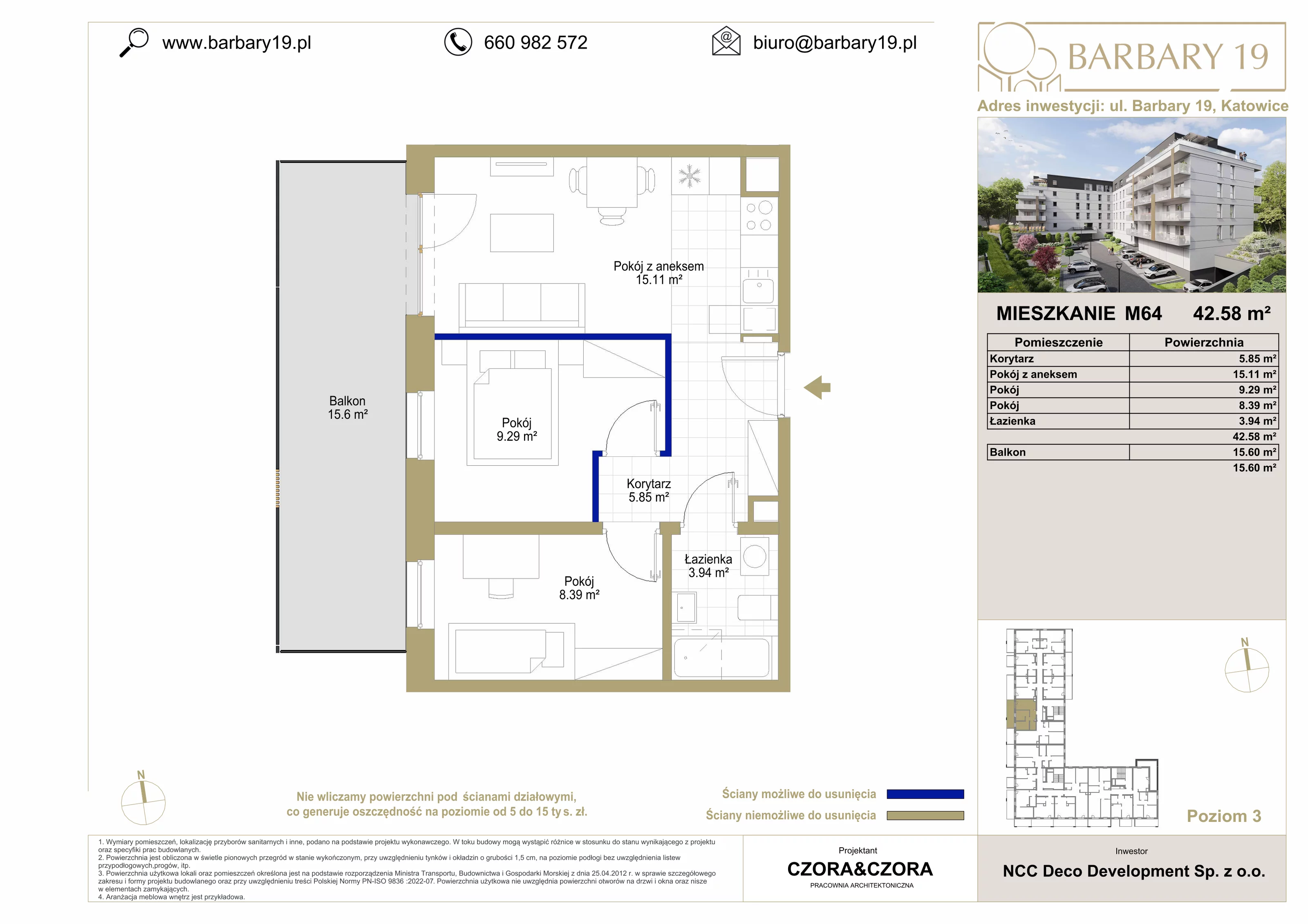 Apartament 42,58 m², piętro 3, oferta nr M64, Apartamenty Barbary 19, Katowice, Śródmieście, ul. Barbary 19