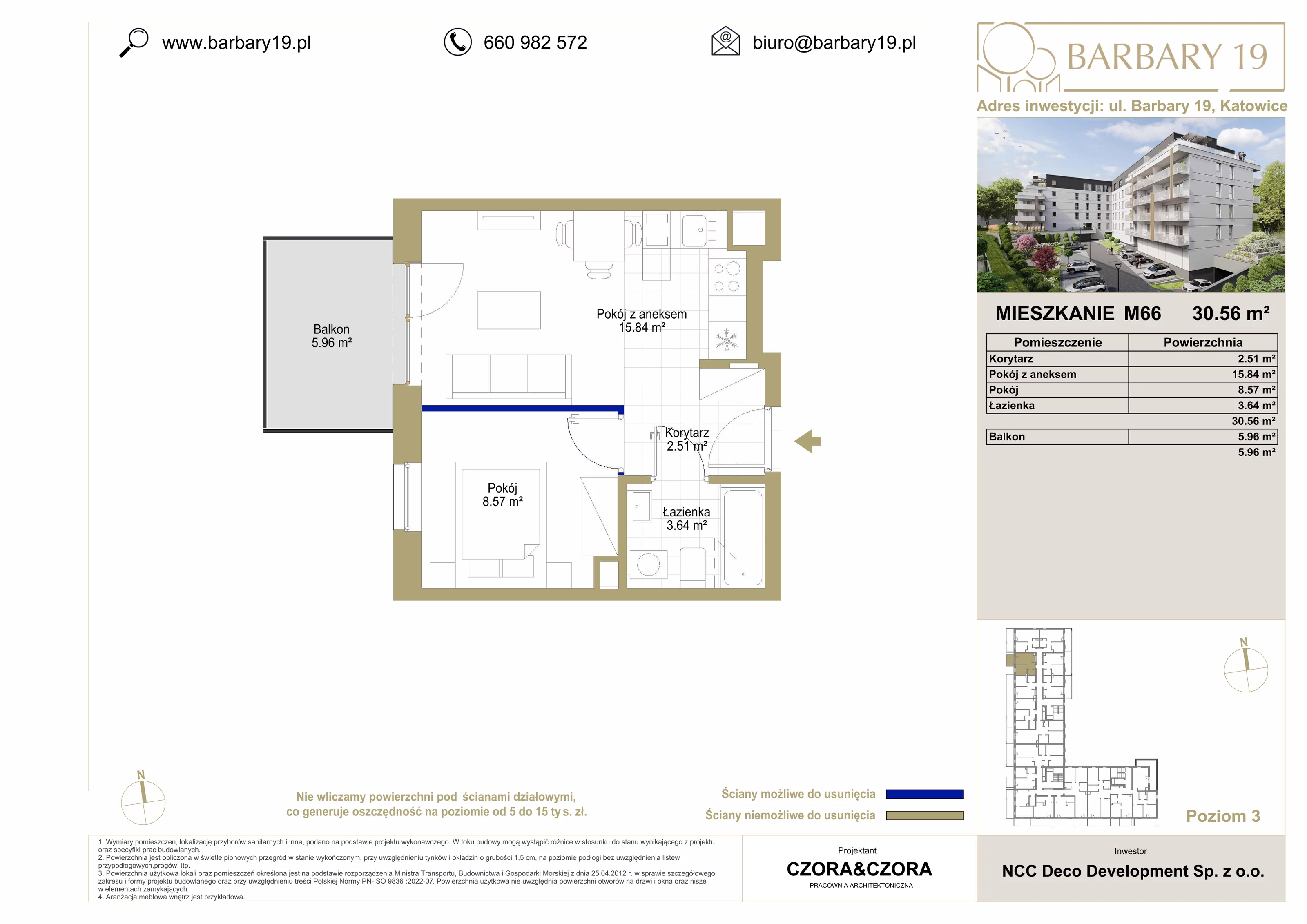 Mieszkanie 30,56 m², piętro 3, oferta nr M66, Apartamenty Barbary 19, Katowice, Śródmieście, ul. Barbary 19