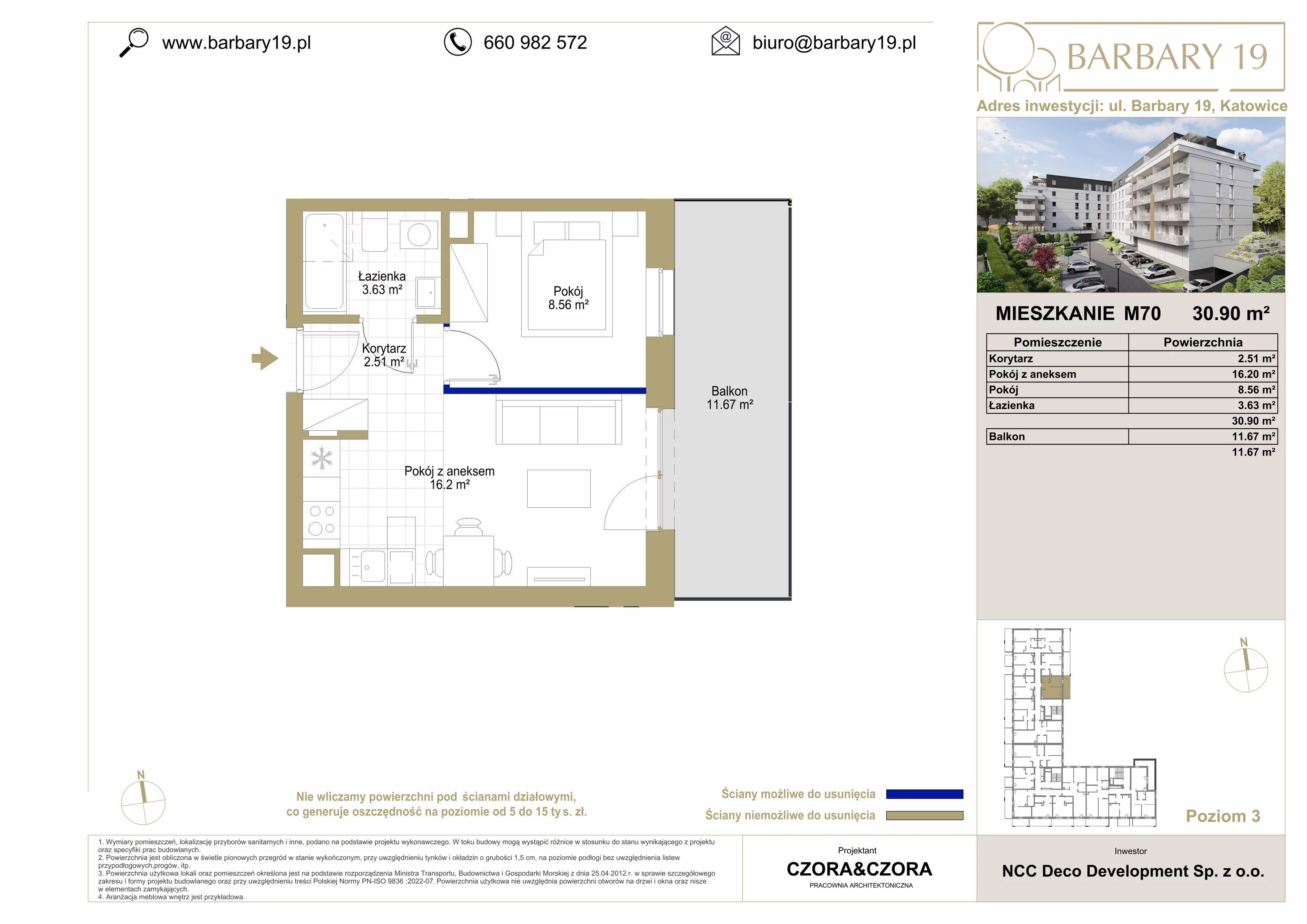 Mieszkanie 30,90 m², piętro 3, oferta nr M70, Apartamenty Barbary 19, Katowice, Śródmieście, ul. Barbary 19