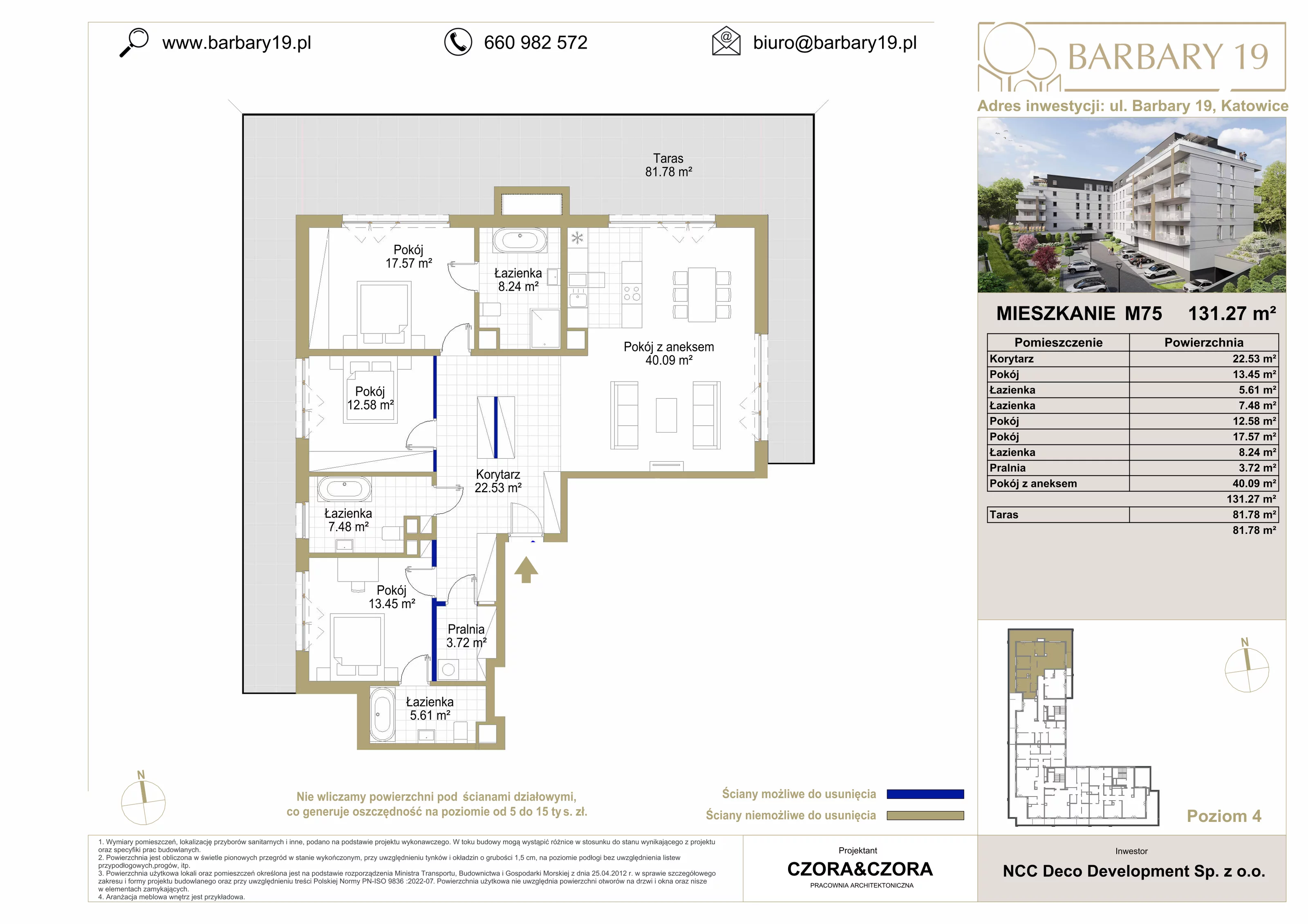 Apartament 131,27 m², piętro 4, oferta nr M75, Apartamenty Barbary 19, Katowice, Śródmieście, ul. Barbary 19