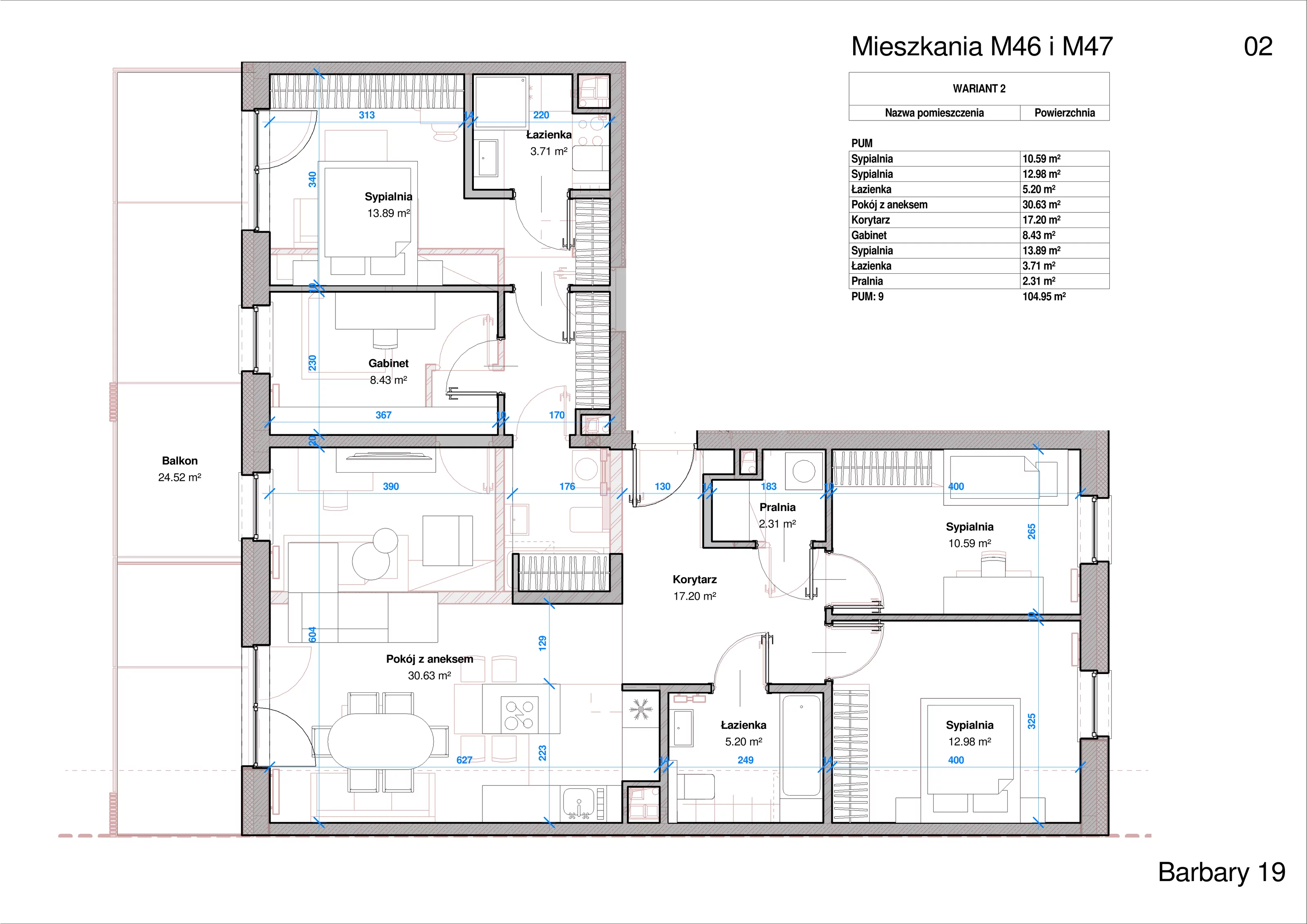 5 pokoi, apartament 104,95 m², piętro 2, oferta nr M46_47, Apartamenty Barbary 19, Katowice, Śródmieście, ul. Barbary 19