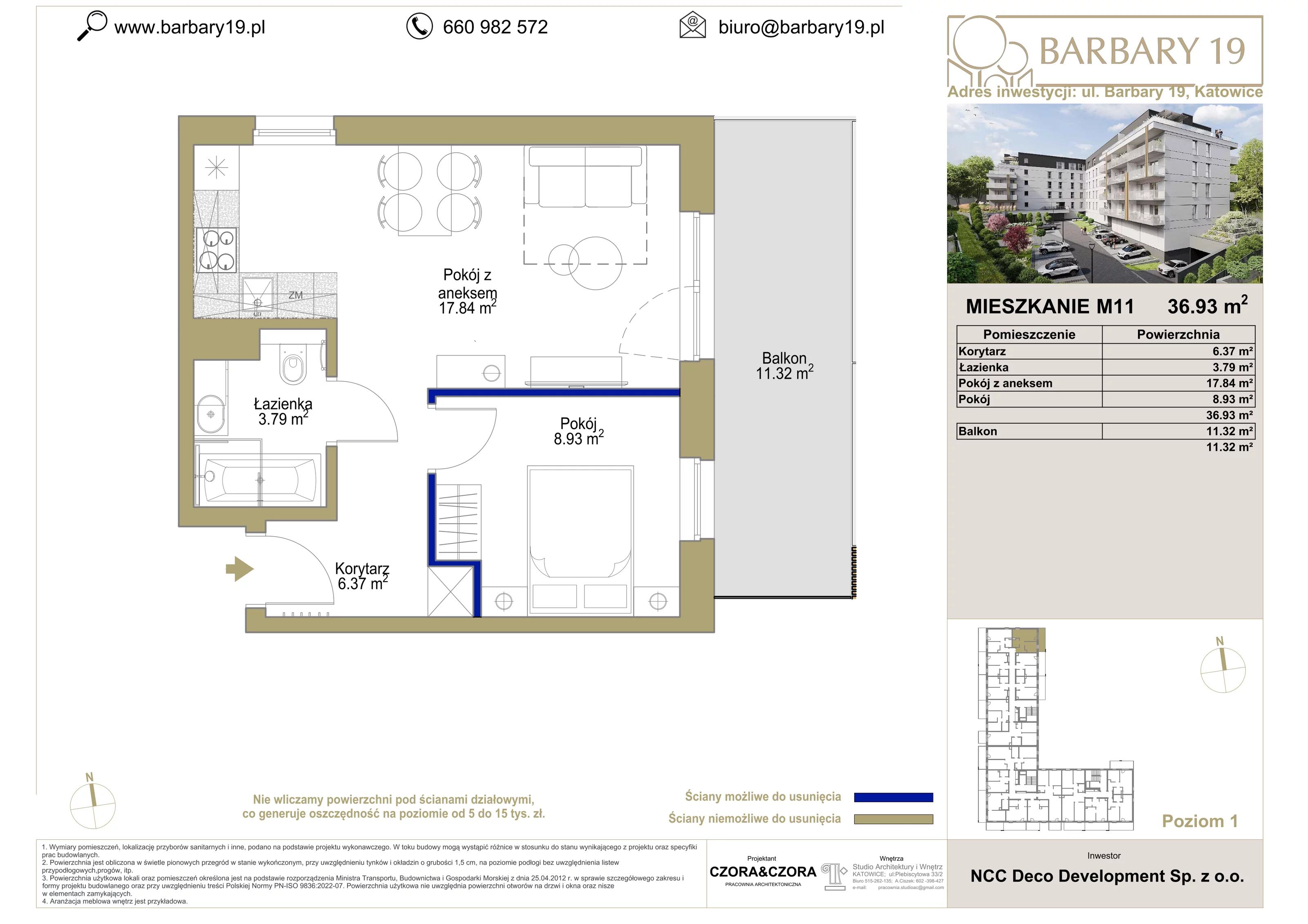 2 pokoje, apartament 36,93 m², piętro 1, oferta nr 11, Apartamenty Barbary 19, Katowice, Śródmieście, ul. Barbary 19