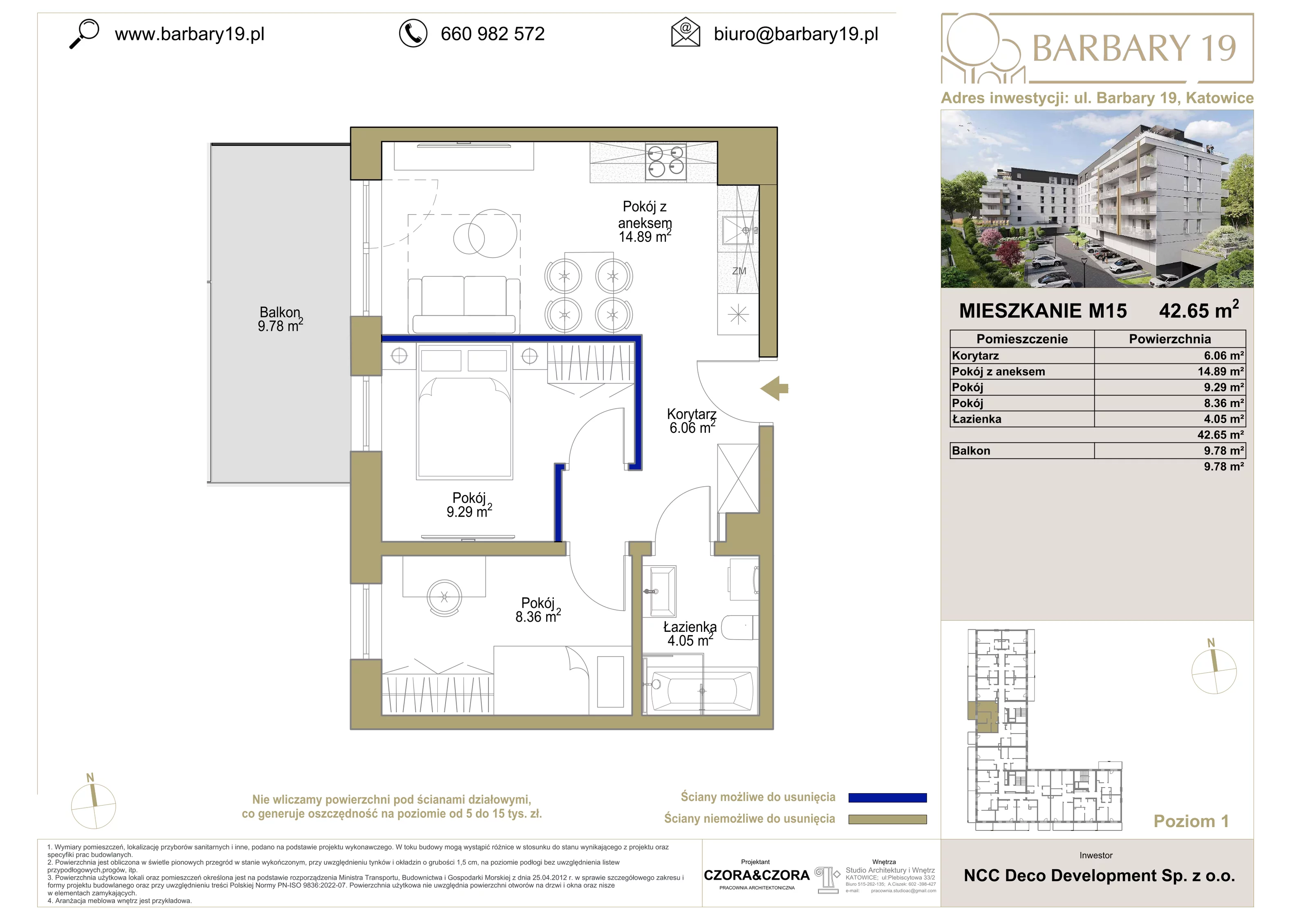 3 pokoje, apartament 42,65 m², piętro 1, oferta nr 15, Apartamenty Barbary 19, Katowice, Śródmieście, ul. Barbary 19