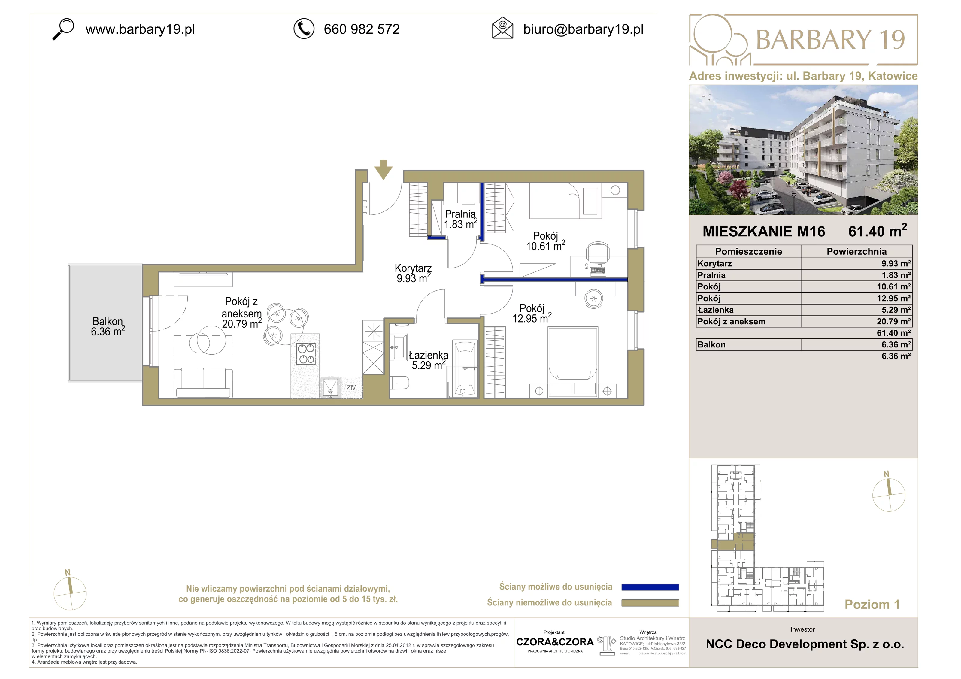 3 pokoje, apartament 61,40 m², piętro 1, oferta nr 16, Apartamenty Barbary 19, Katowice, Śródmieście, ul. Barbary 19