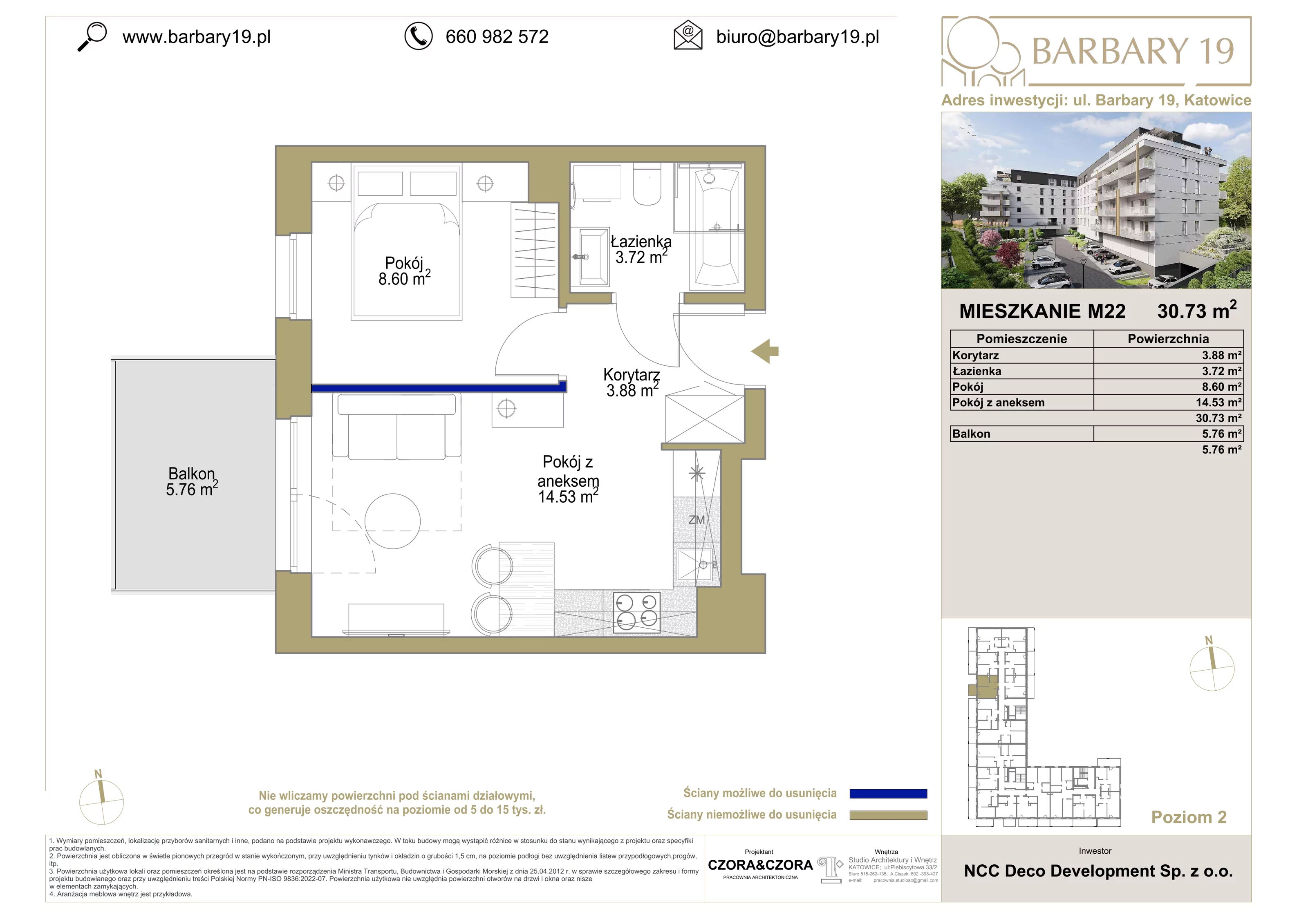 2 pokoje, apartament 30,73 m², piętro 2, oferta nr 22, Apartamenty Barbary 19, Katowice, Śródmieście, ul. Barbary 19