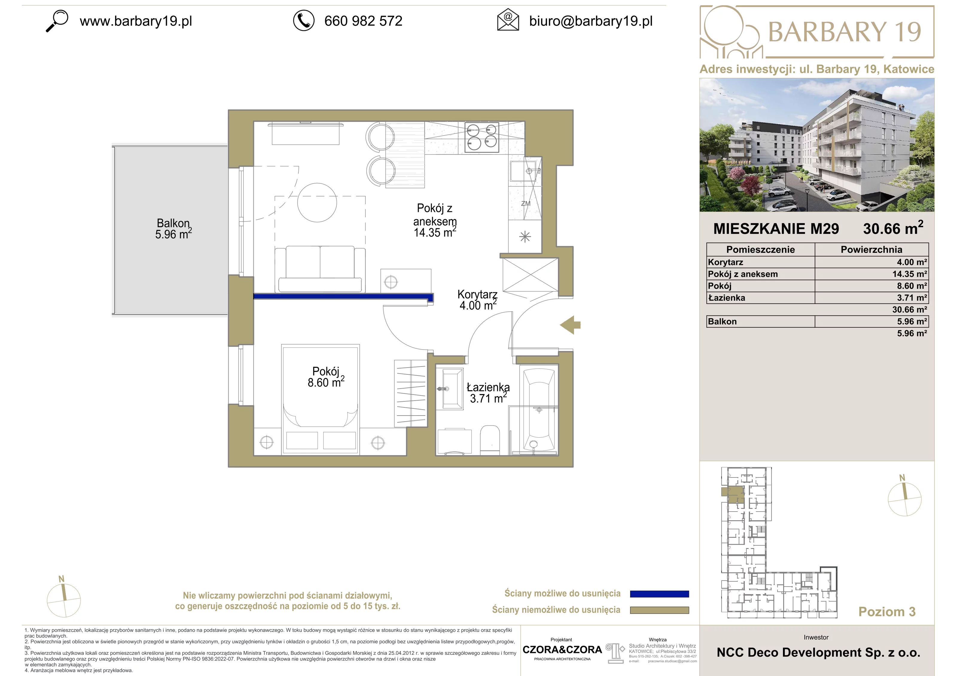 2 pokoje, mieszkanie 30,66 m², piętro 3, oferta nr 29, Apartamenty Barbary 19, Katowice, Śródmieście, ul. Barbary 19